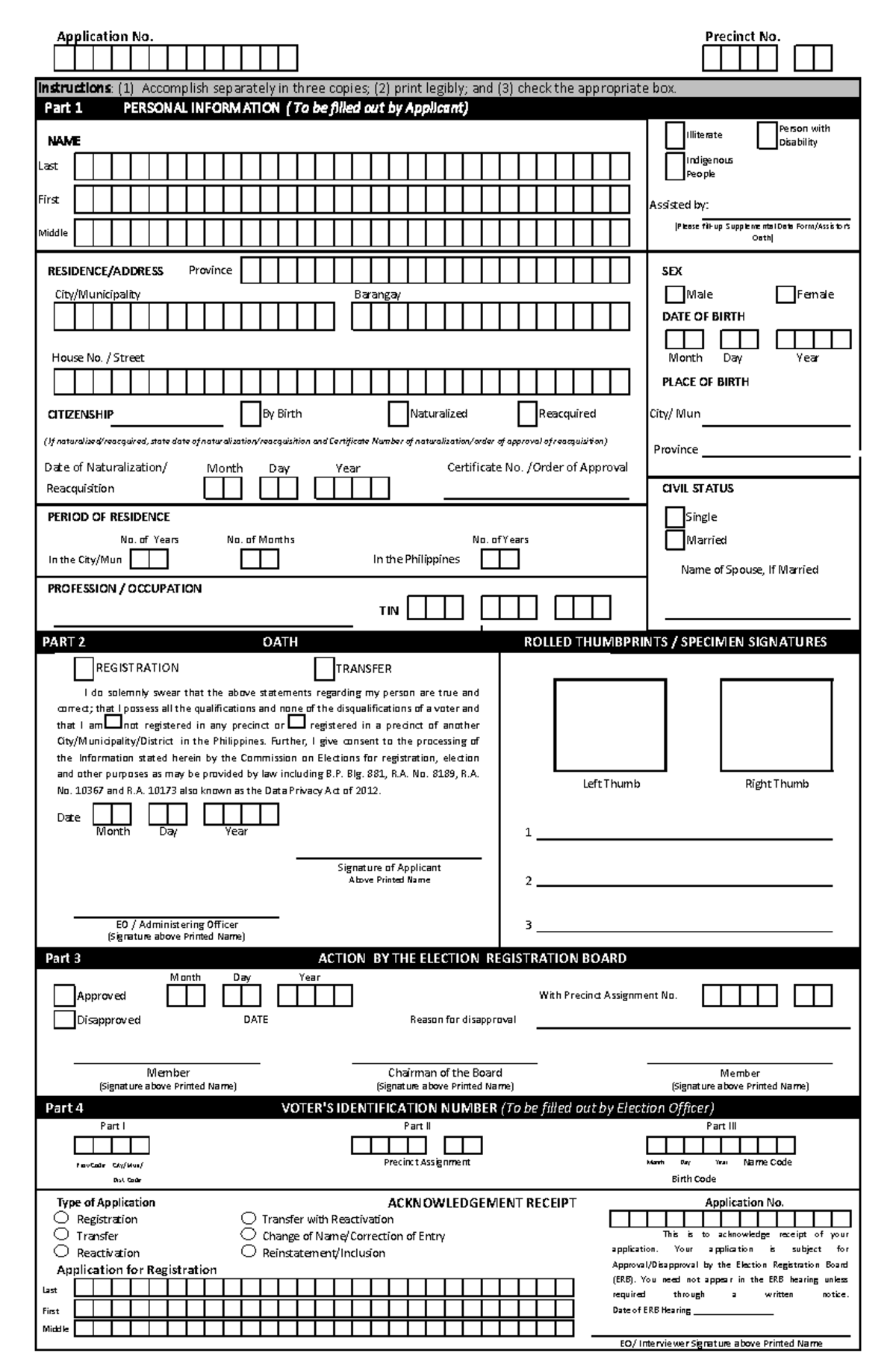 Comelec Application Form - Precinct No. NAME Last First Assisted by ...