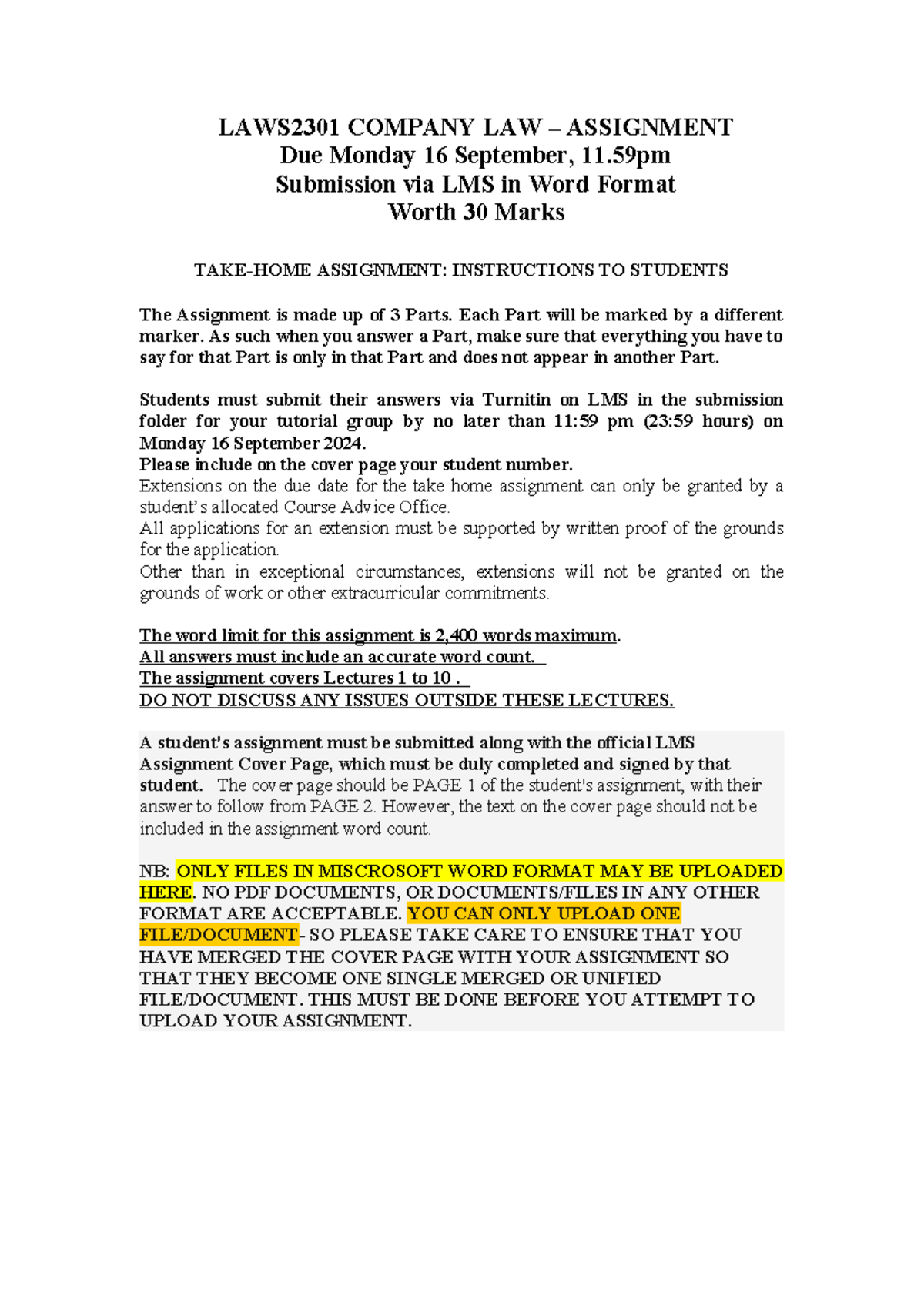 Take Home Assignment 2024 - Company Law v3a 20240827 - LAWS2301 COMPANY ...