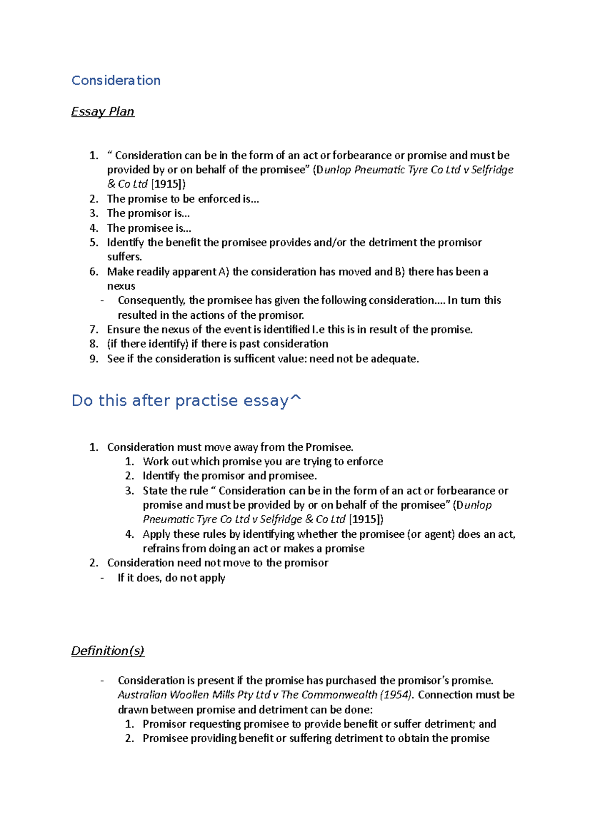 Consideration - Concise notes - Consideration Essay Plan ...
