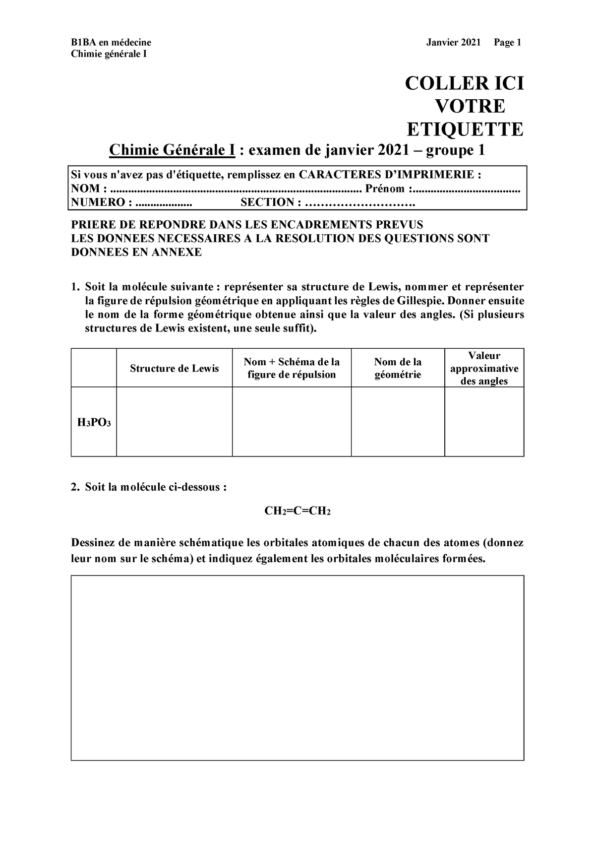 Examen (P + BM) - Janvier 2021 - Groupe 1 - Chimie Générale I COLLER ...