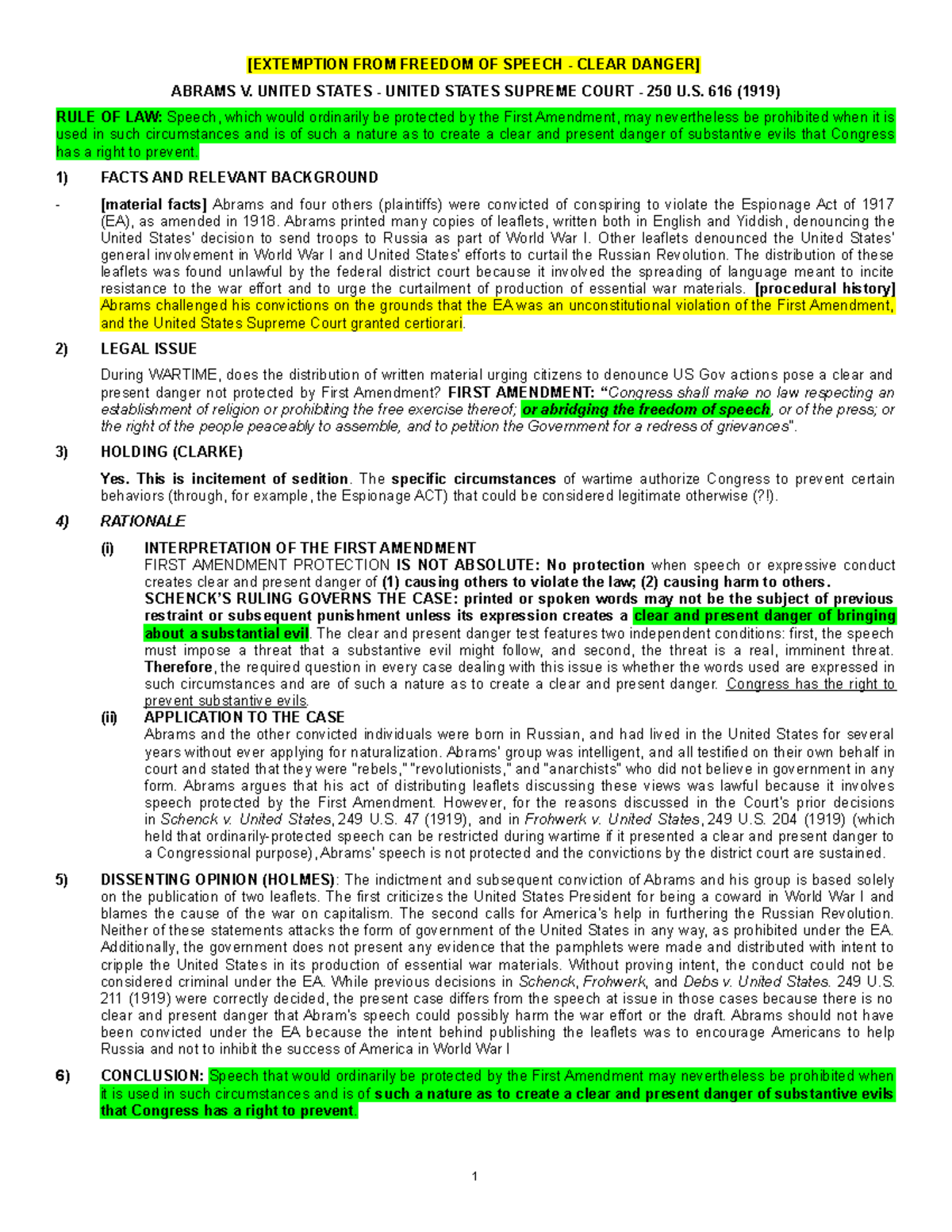 FREEDOM OF SPEECH Case brief & class notes (including diss opinions