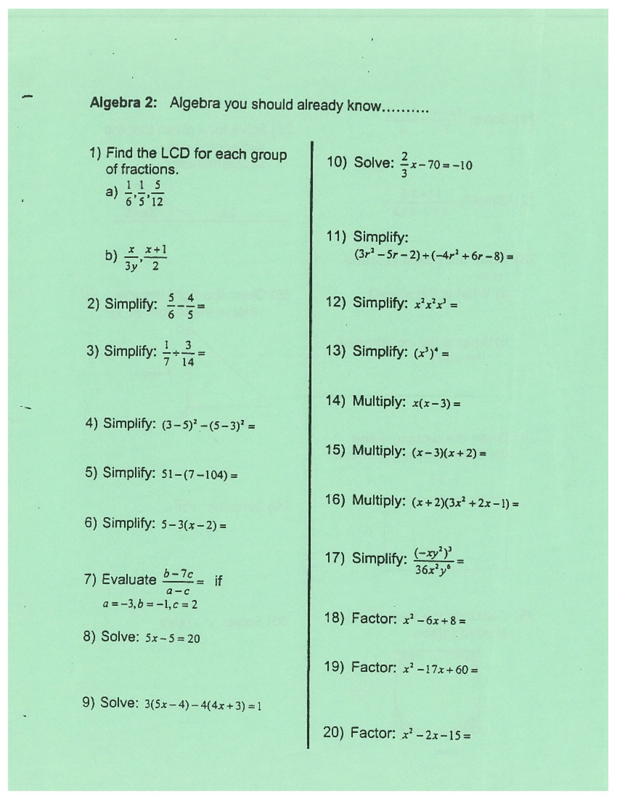 Skills needed for Algebra 2 - ENGL-180 - Studocu