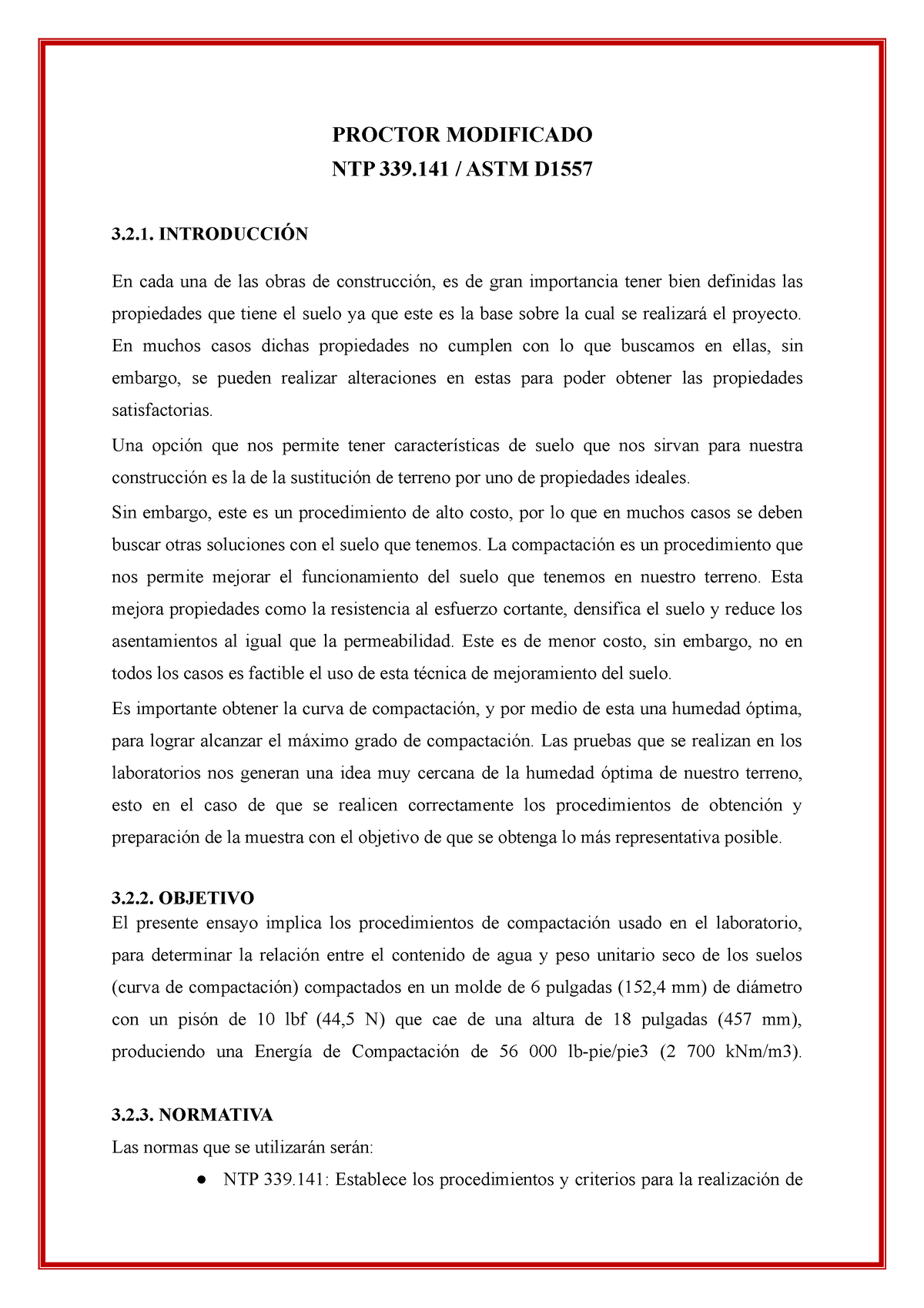 Proctor Modificado - 1 - INFORME DE LABORTORIO - PROCTOR MODIFICADO NTP ...