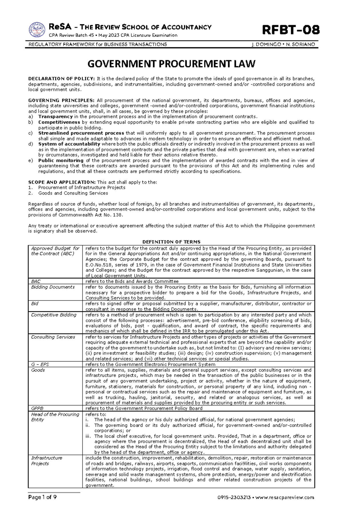 RFBT-08 (Government Procurement Law) - ReSA - THE REVIEW SCHOOL OF ...