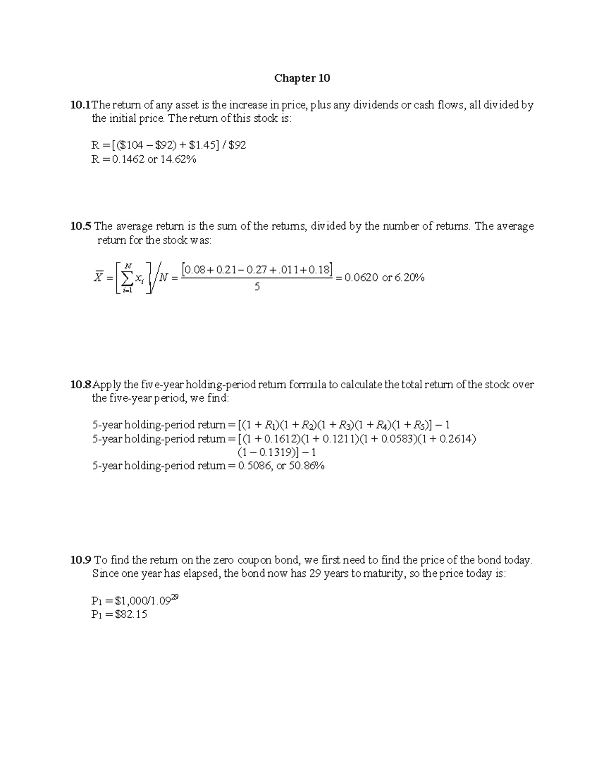 Chapter 10 - Solutions - Chapter 10 10 The Return Of Any Asset Is The ...