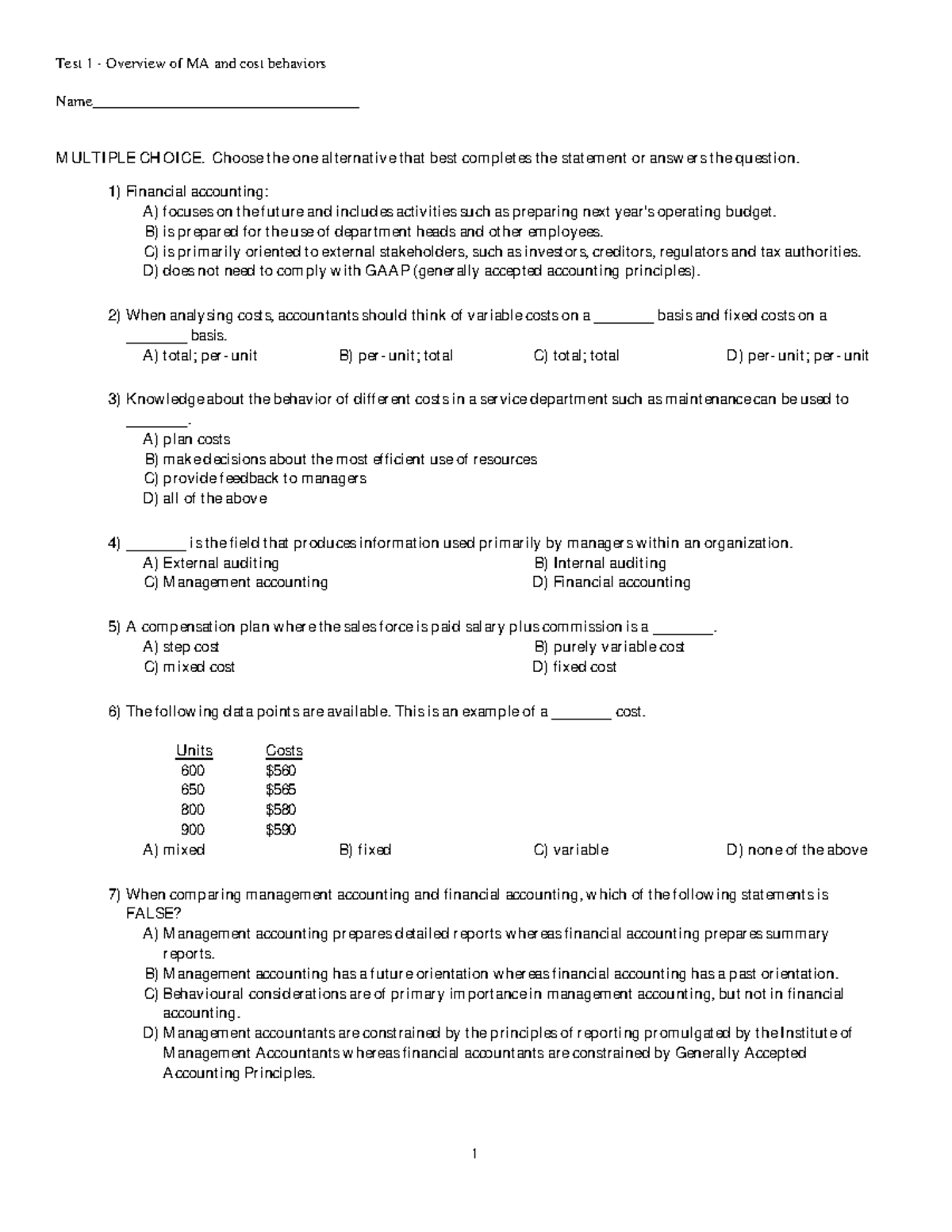 MCQs Overview of MA and cost classifications Test 1 Overview of MA