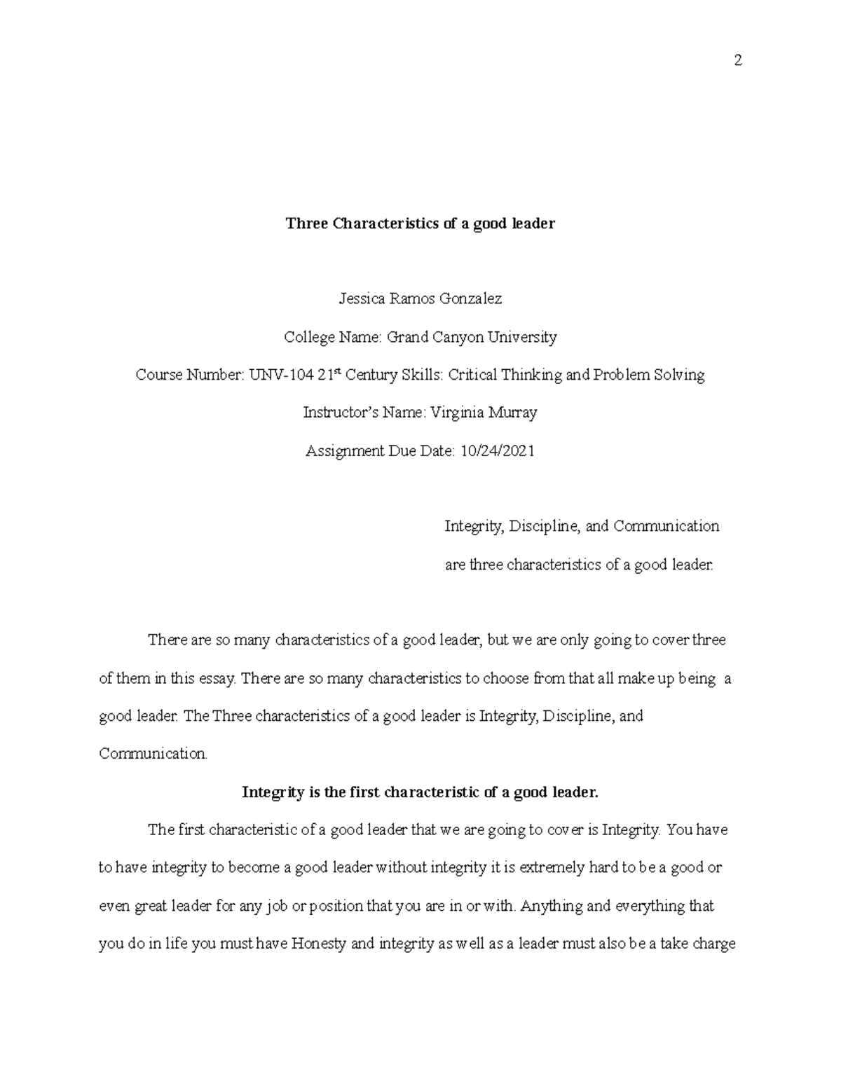 three characteristics of a good leader essay