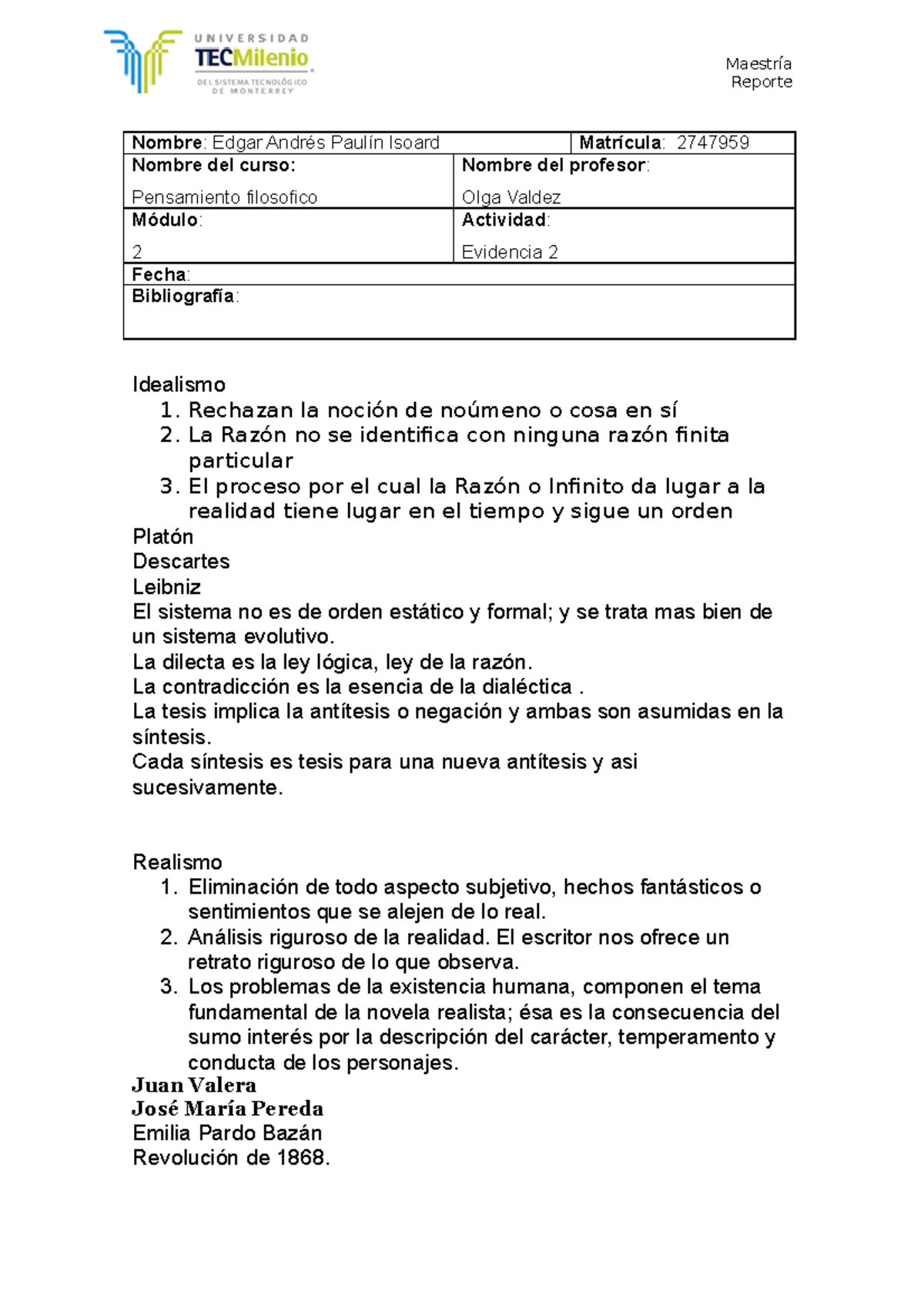 Evidencia 2 pensamiento filosofico - Maestría Reporte Nombre : Edgar ...