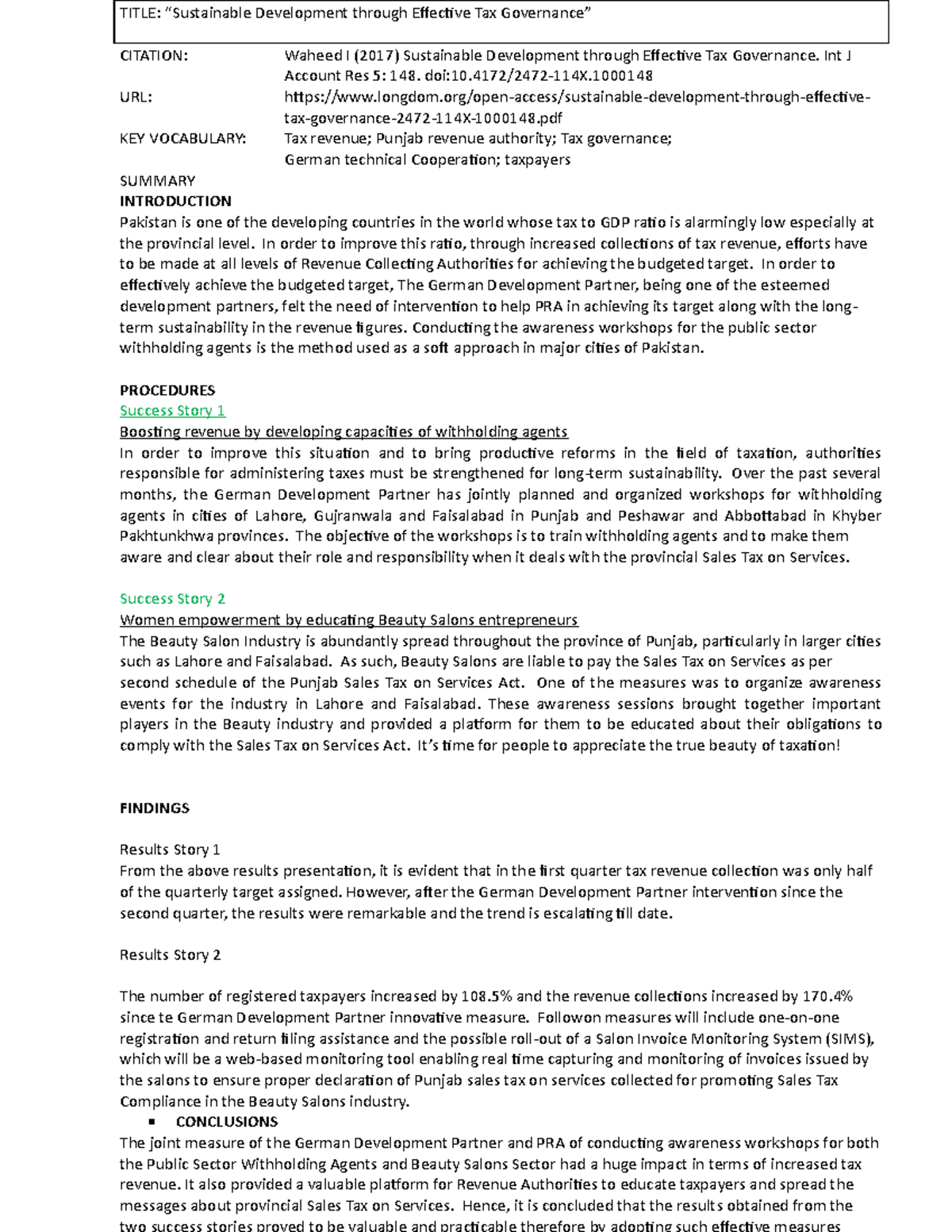 Article Analysis Template - TITLE: “Sustainable Development through ...