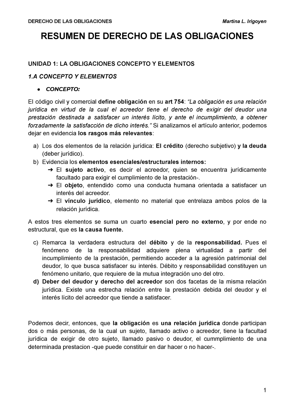 Obligaciones 1 Parte - RESUMEN DE DERECHO DE LAS OBLIGACIONES UNIDAD 1 ...