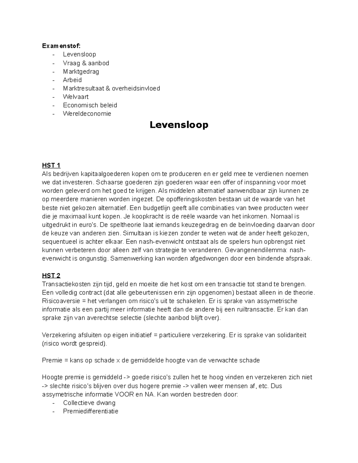 Economie Samenvatting - Examenstof: - Levensloop - Vraag & Aanbod ...