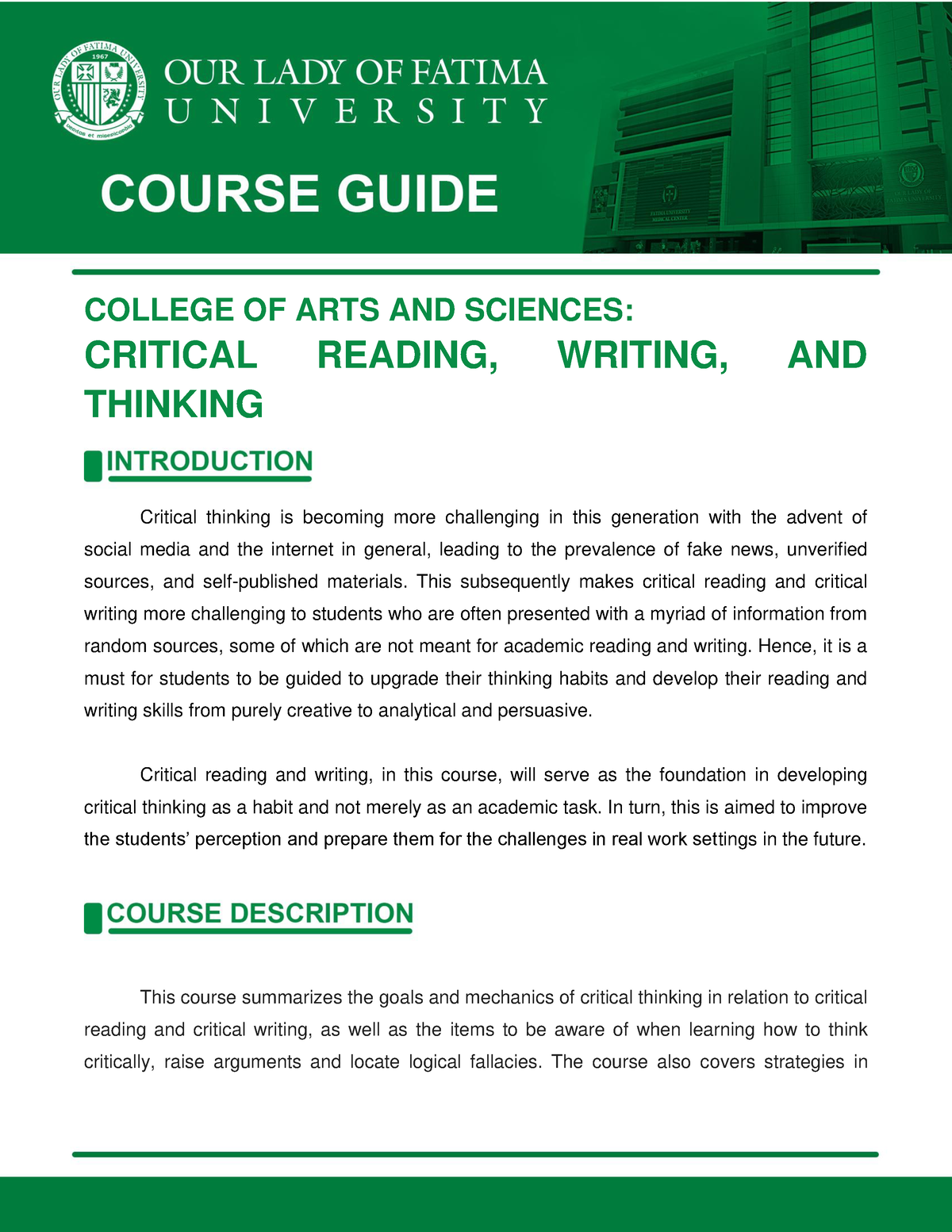 Course Guide - Critical Reading, Writing And Thinking - COLLEGE OF ARTS ...