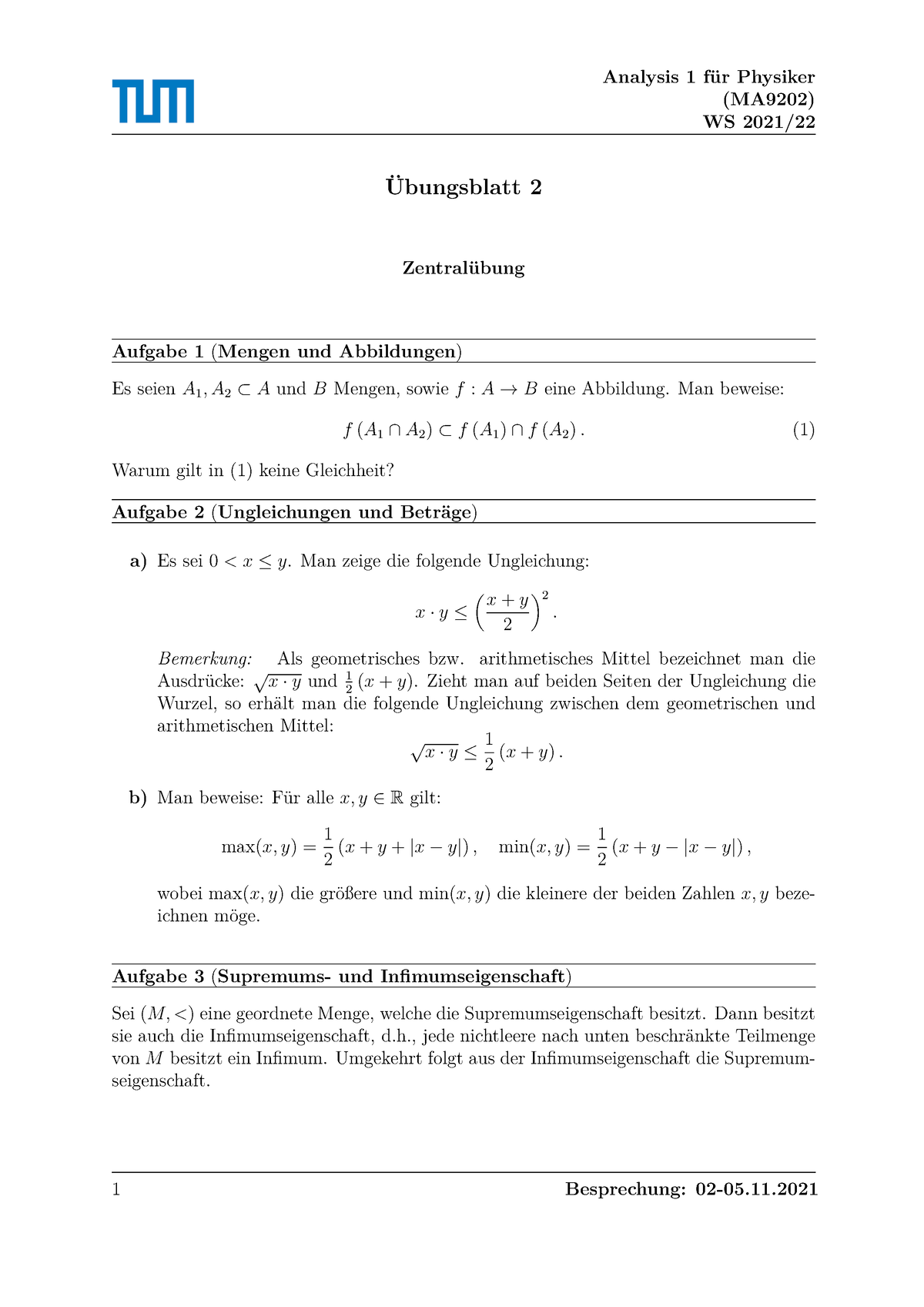 Übungsblatt 02 Mathematik Für Physiker 2 (Analysis 1) MA9202 ...