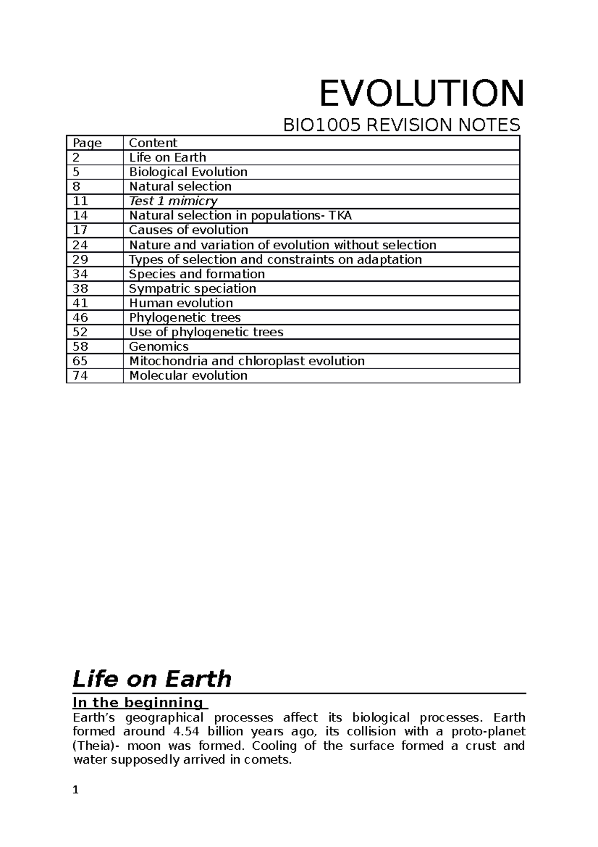 Evolution ALL Lectures - EVOLUTION BIO1005 REVISION NOTES Page Content ...