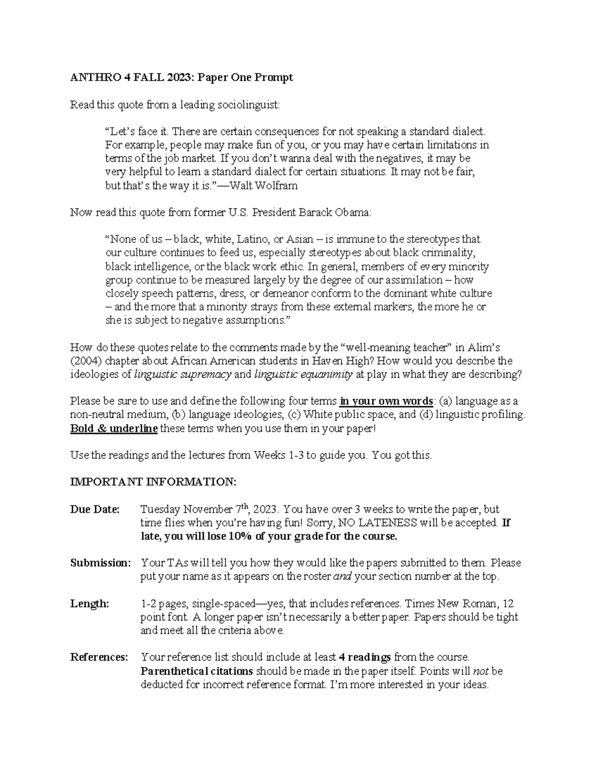 A Nthro 4 FALL 2023 Paper ONE Prompt - ANTHRO 4 FALL 202 3 : Paper One ...