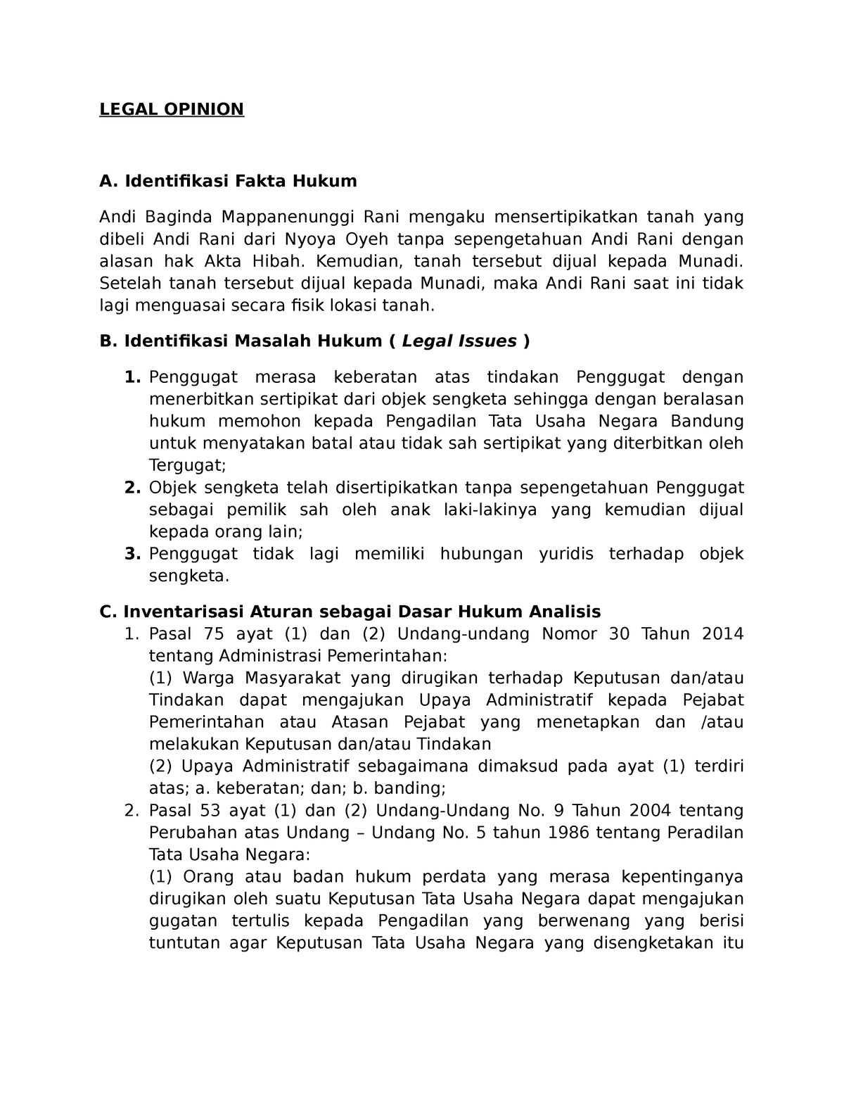 Legal Opinion - LEGAL OPINION A. Identifikasi Fakta Hukum Andi Baginda ...