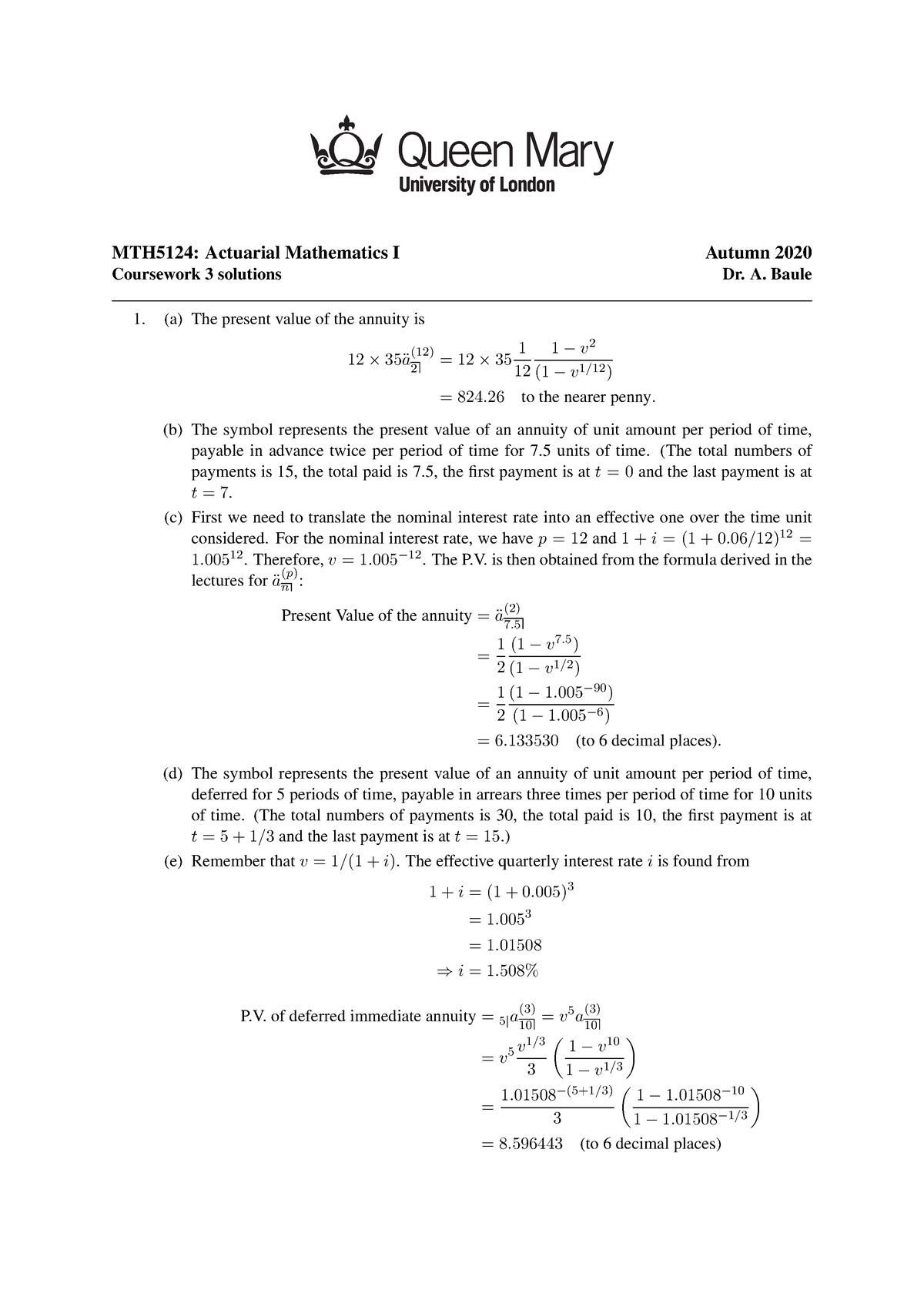 Actuarial Mathematics I - Coursework Solutions 3 - MTH5124: Actuarial ...