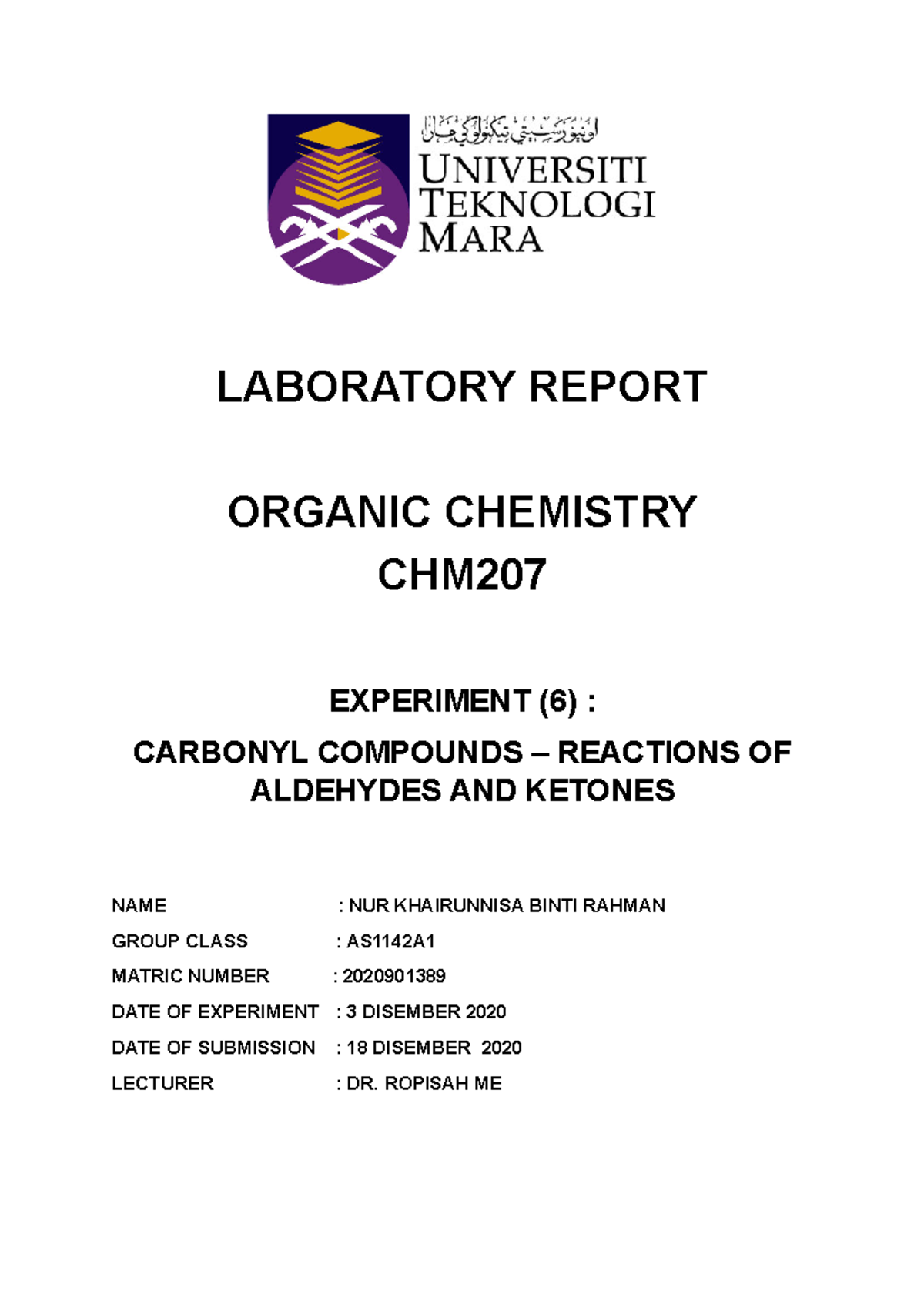 Laboratory Report Chm207 - diploma in microbiology - UiTM - Studocu
