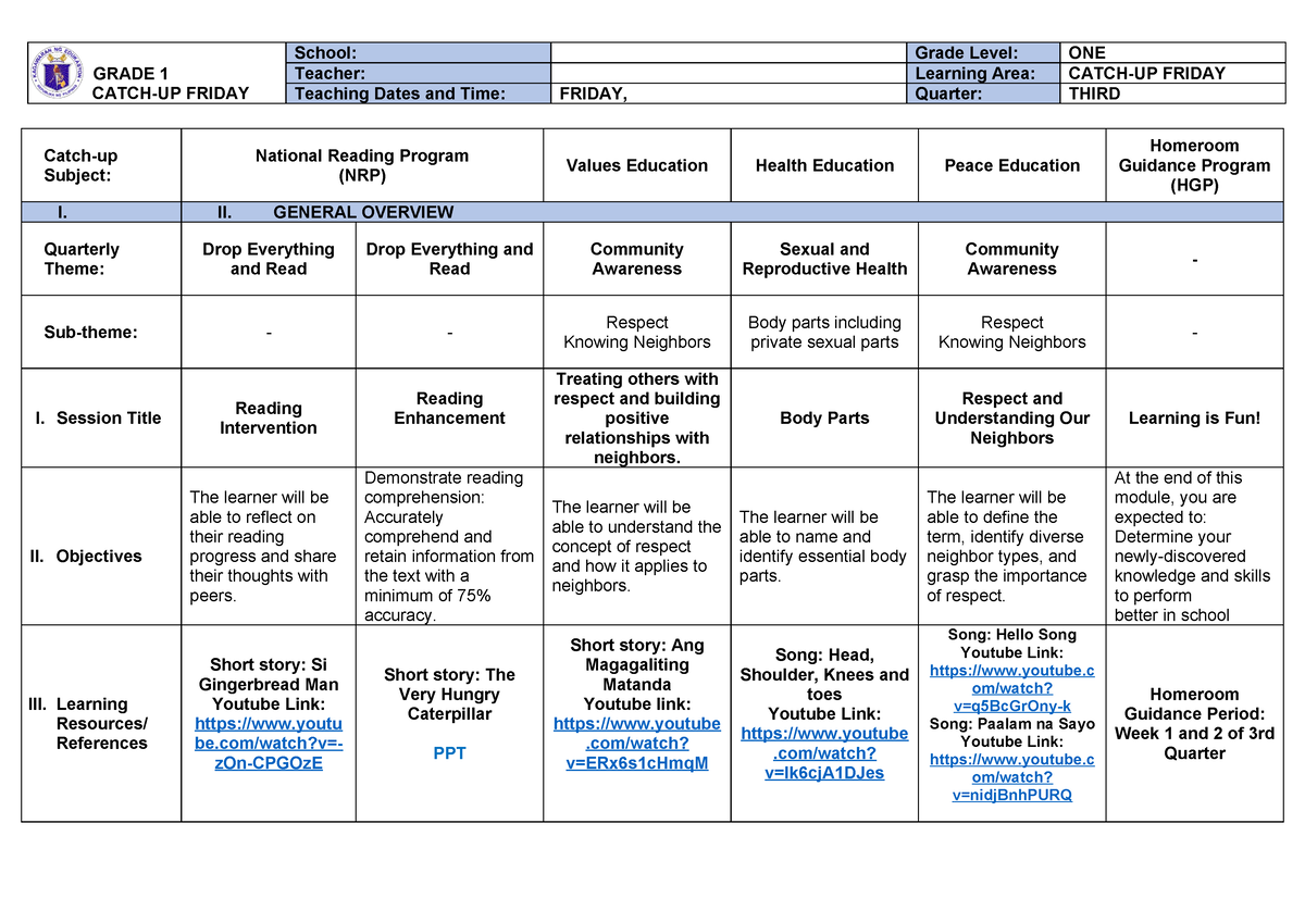 Dll Catch Up Friday Grade 1 Grade 1 Catch Up Friday School Grade Level One Teacher Learning 8817