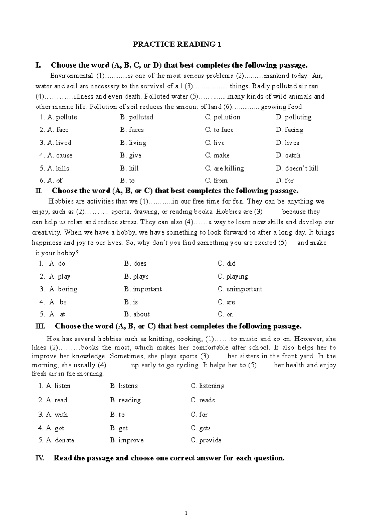 IELTS Reading Comprehension Exercises - PRACTICE READING 1 I. Choose ...