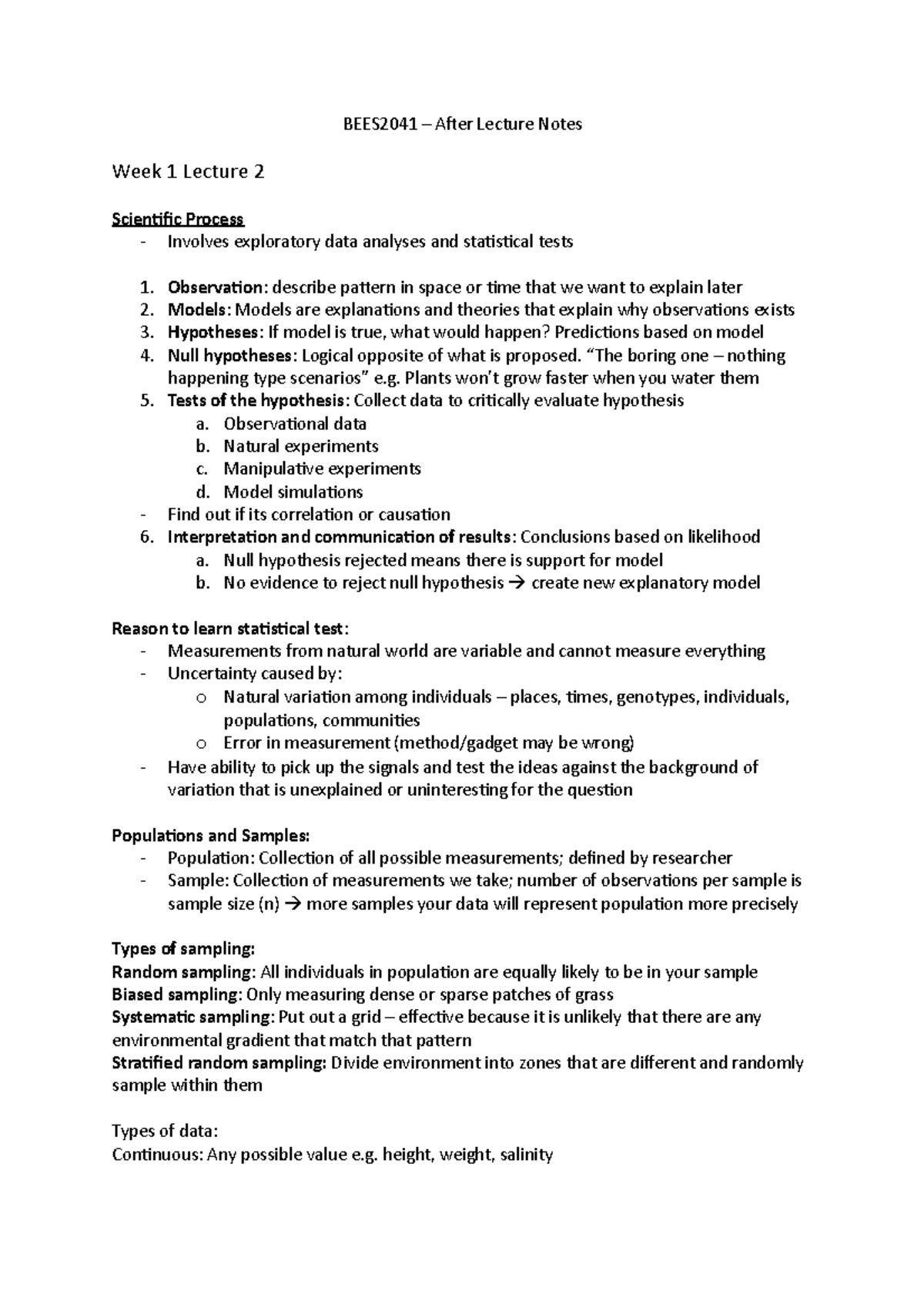 BEES2041 - Annotated Lecture Notes - BEES2041 – After Lecture Notes ...