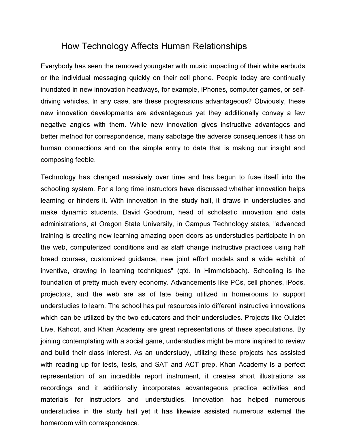 negative effects of technology on human relationships essay