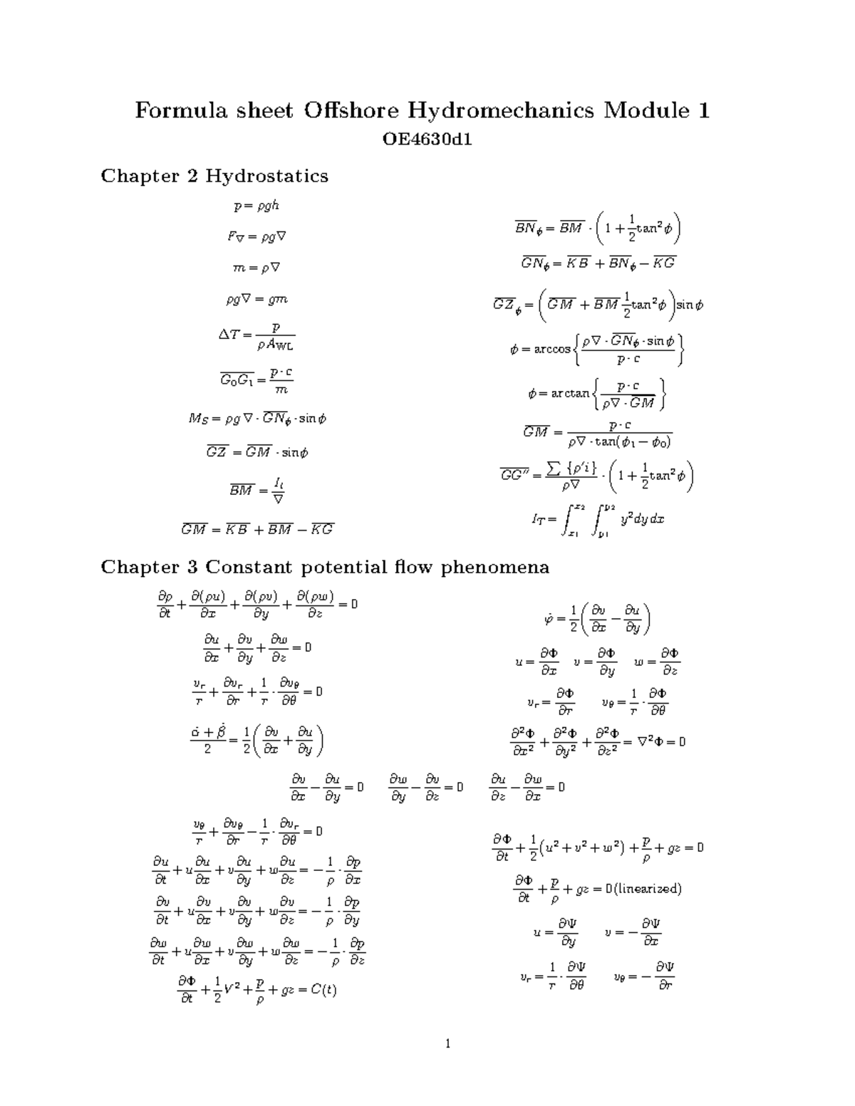 Formula Sheet Offshore Hydromechanics Module 1 Oe4630 Studocu