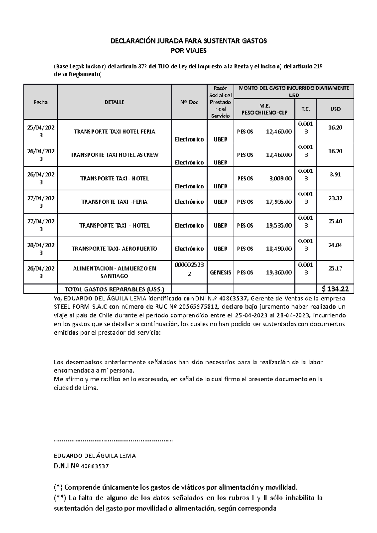 Modelo De Declaracion Jurada De Gastos Sin Comprobant Vrogue ...