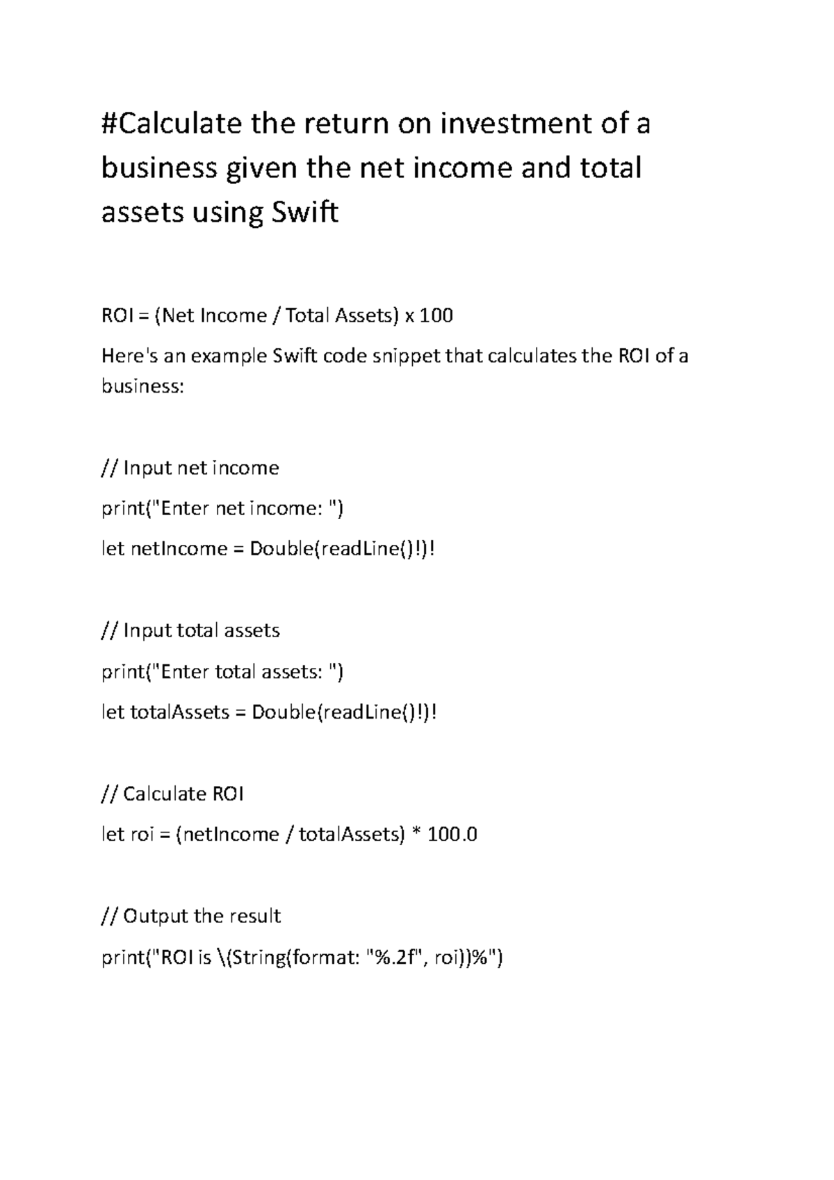 Net income and total assets using Swift - #Calculate the return on ...