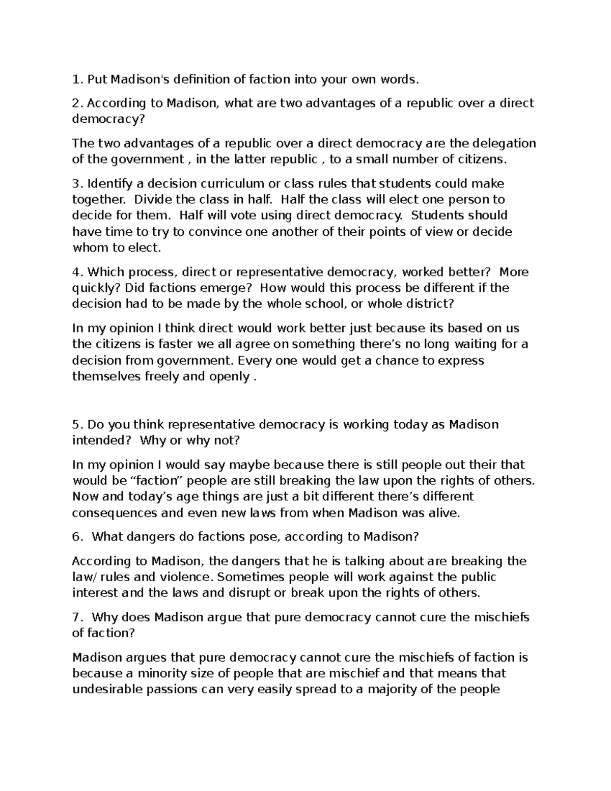 1 - High school student - Put Madison's definition of faction into your ...