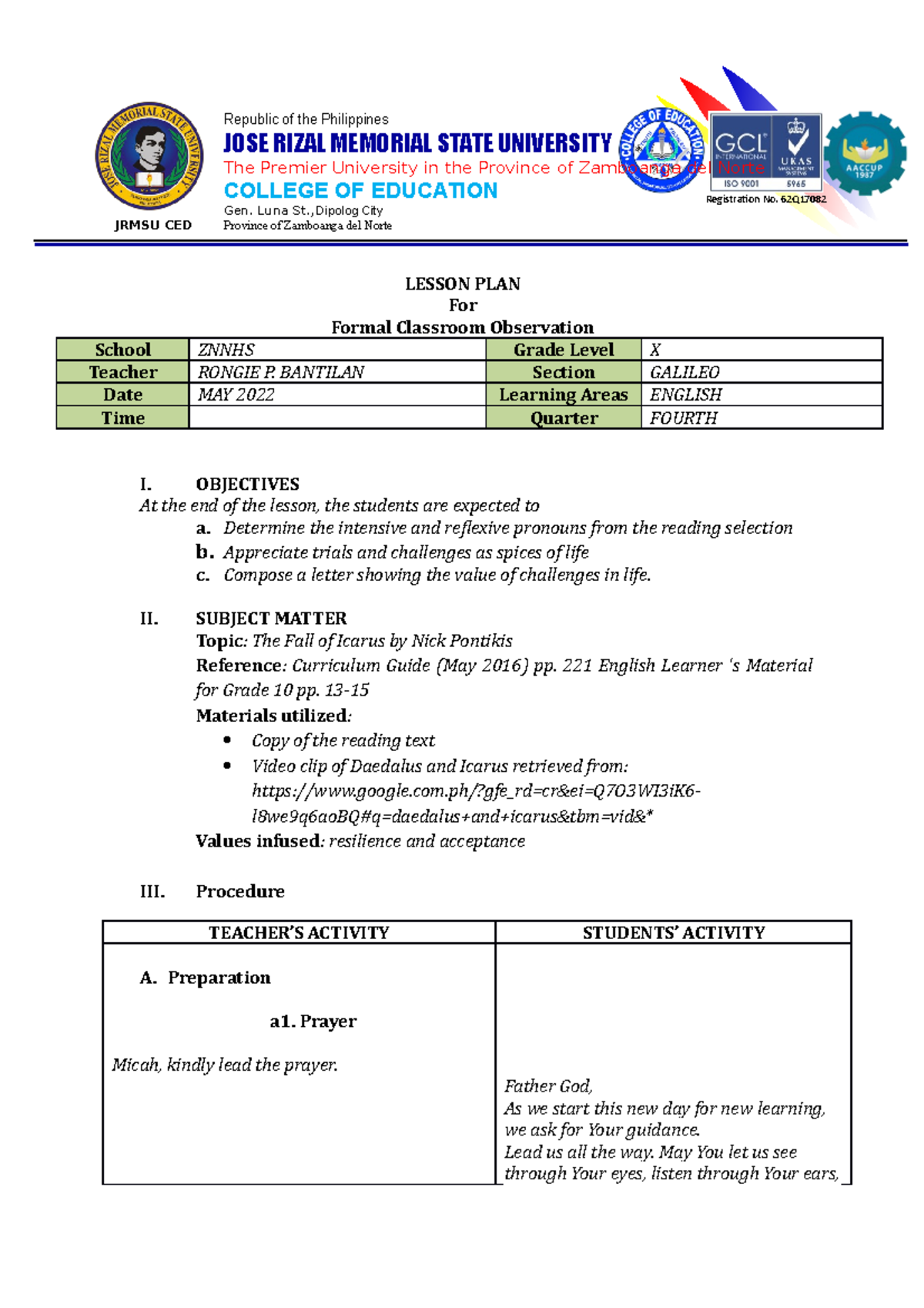 1st QM2 - Sample Lesson Plan - Republic of the Philippines JOSE RIZAL ...