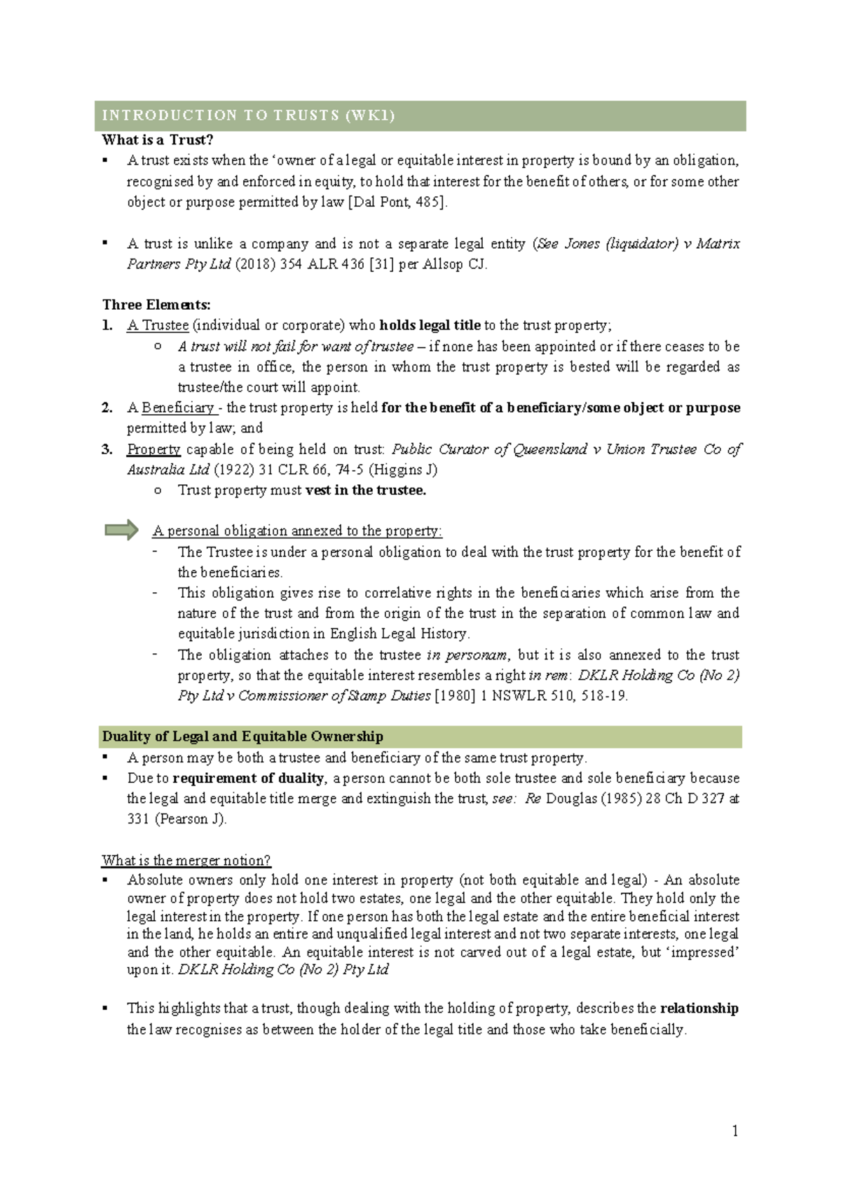 Trusts Exam Notes (Final) - INTRODUCTION TO TRUSTS (WK1) What is a ...