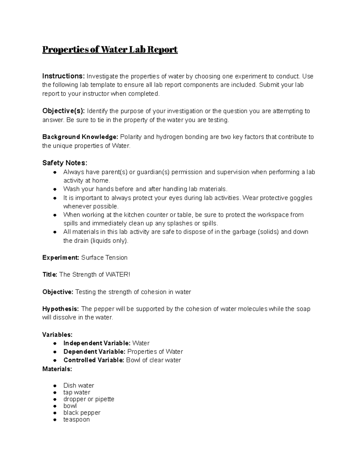 Properties of Water Lab Report Properties of Water Lab Report