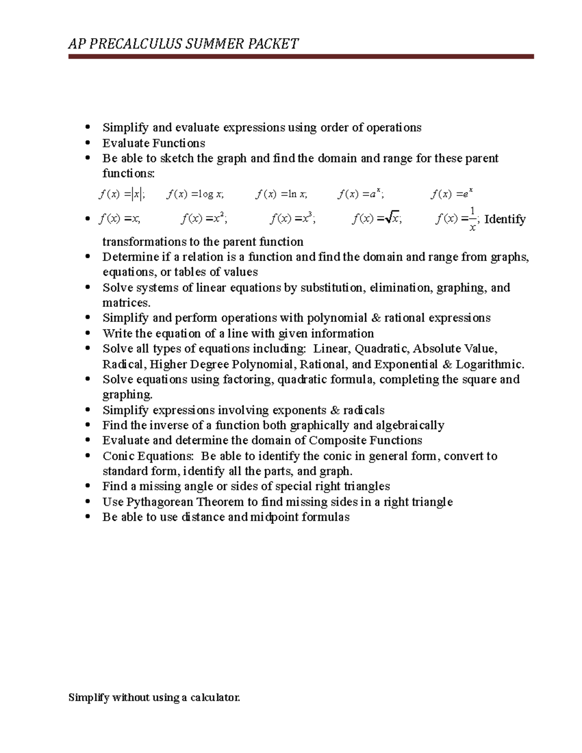 summer assignment for ap precalculus