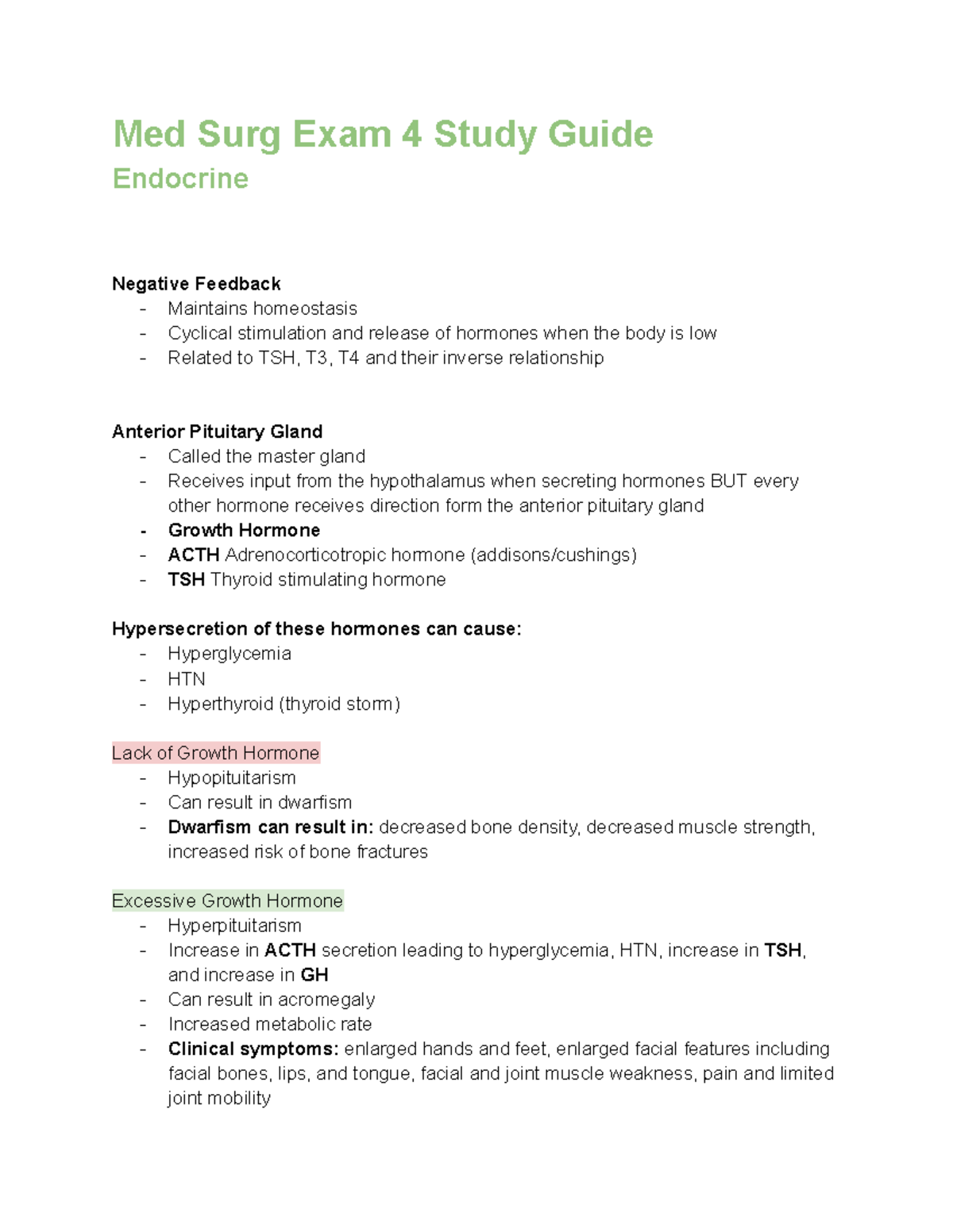 Med Surg Exam 4 Study Guide Med Surg Exam 4 Study Guide Endocrine