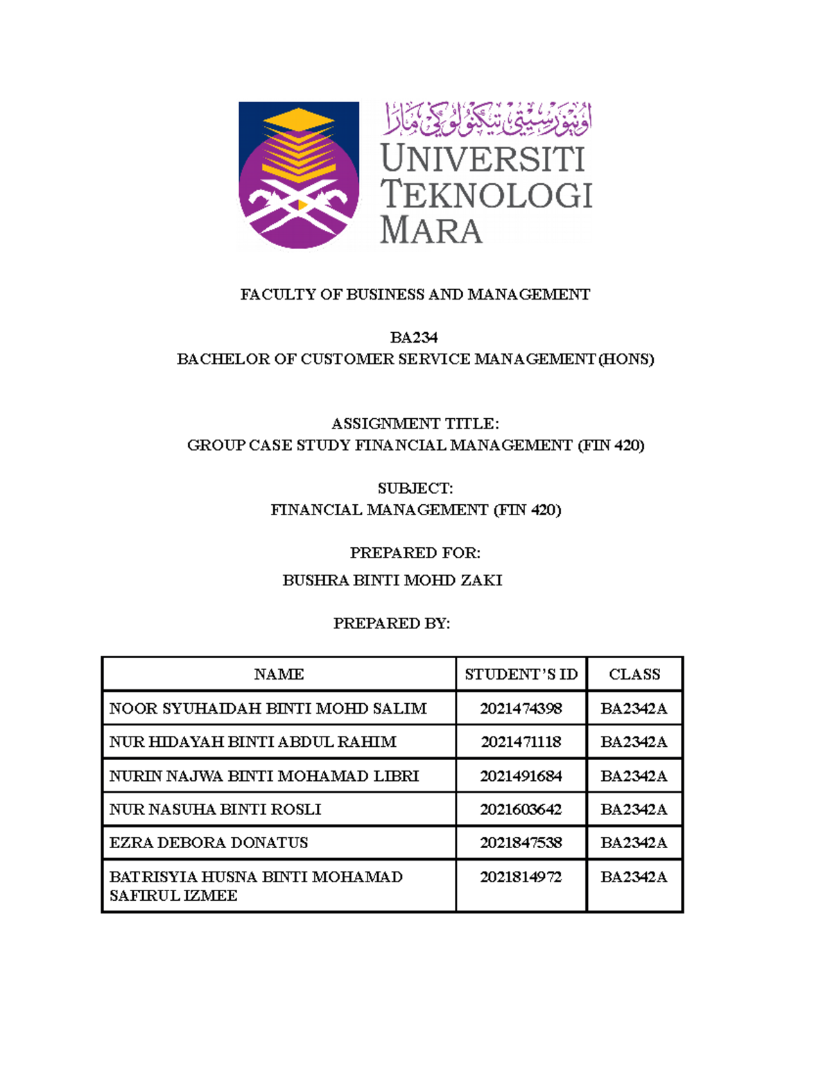 Financial Group CASE Study - FACULTY OF BUSINESS AND MANAGEMENT BA ...