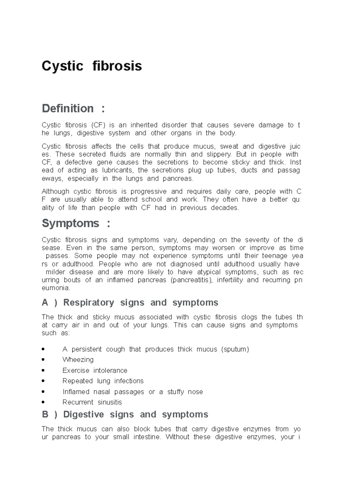 Cystic fibrosis - CysticTfibrosisT DefinitionT: - Studocu