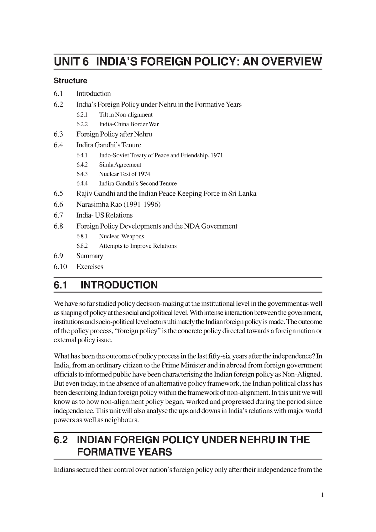 Unit 6 Political Science Unit 6 Indias Foreign Policy An Overview Structure 6 Introduction 