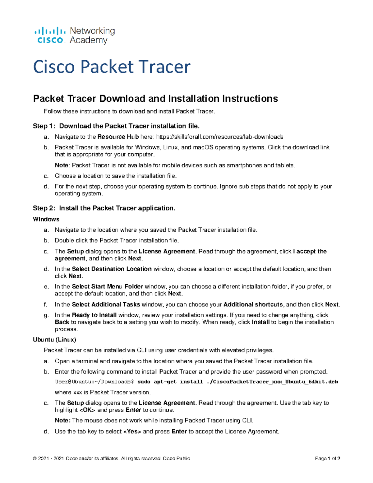 Cisco Packet Tracer Download and Installation Instructions © 2021