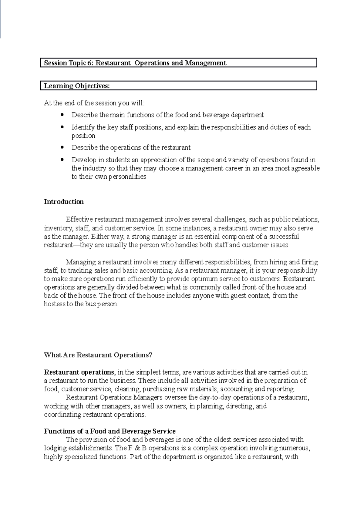 Restaurant Operations and Management Session Topic 6 Restaurant