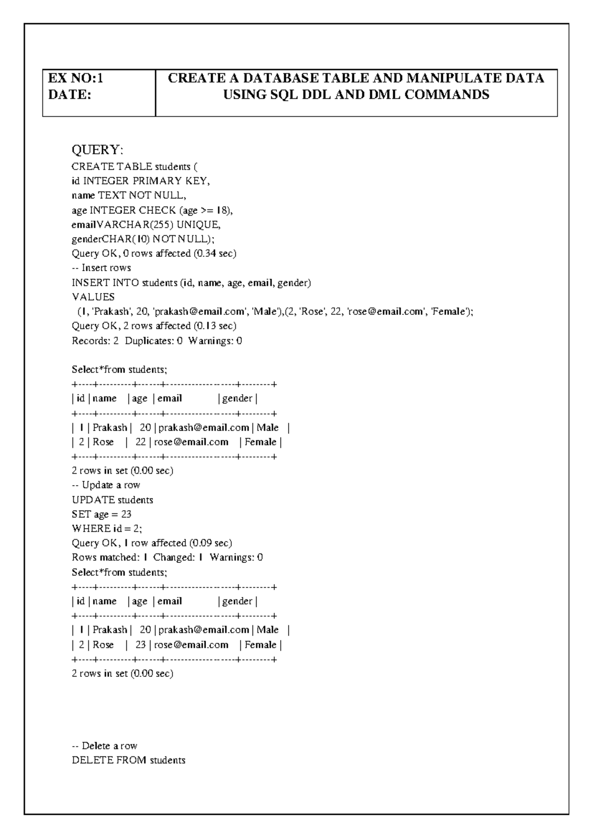dbms query of computer - QUERY: CREATE TABLE students ( id INTEGER ...