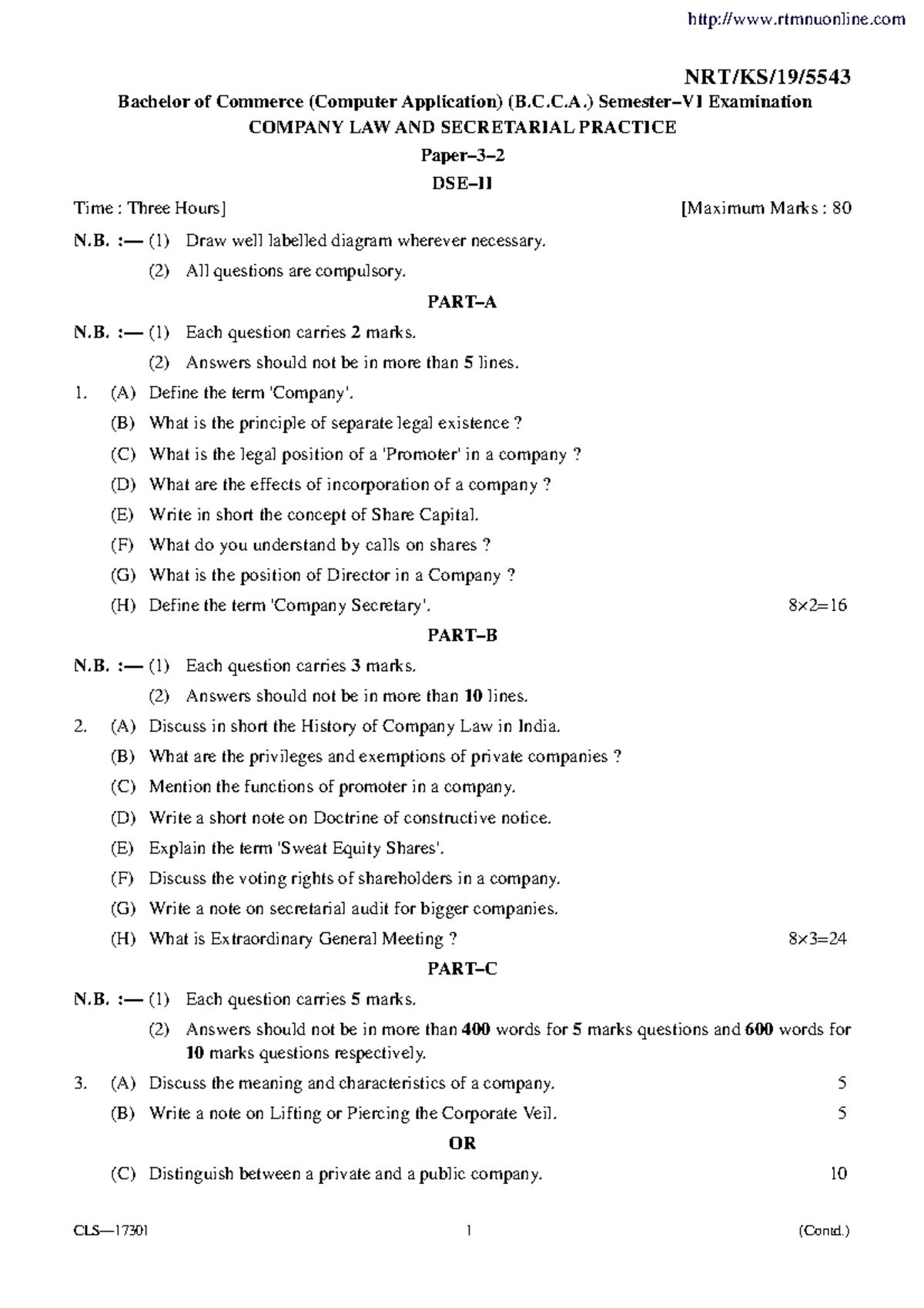 Bcca 6 sem company law and secretarial practice 5543 summer 2019 - NRT ...