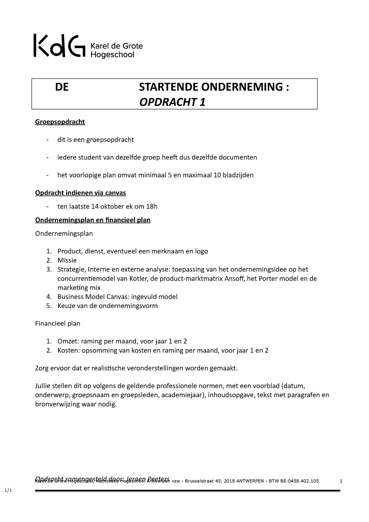 De Startende Onderneming Opdracht 1-2 - DE STARTENDE ONDERNEMING ...