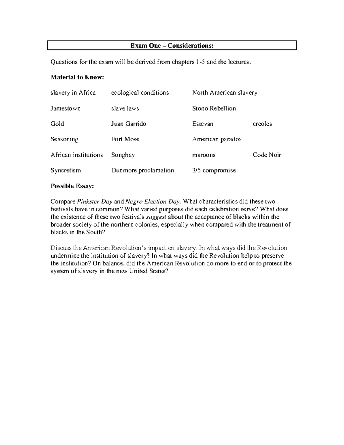 Exam 1 Study Guide - Exam One – Considerations: Questions for the exam ...