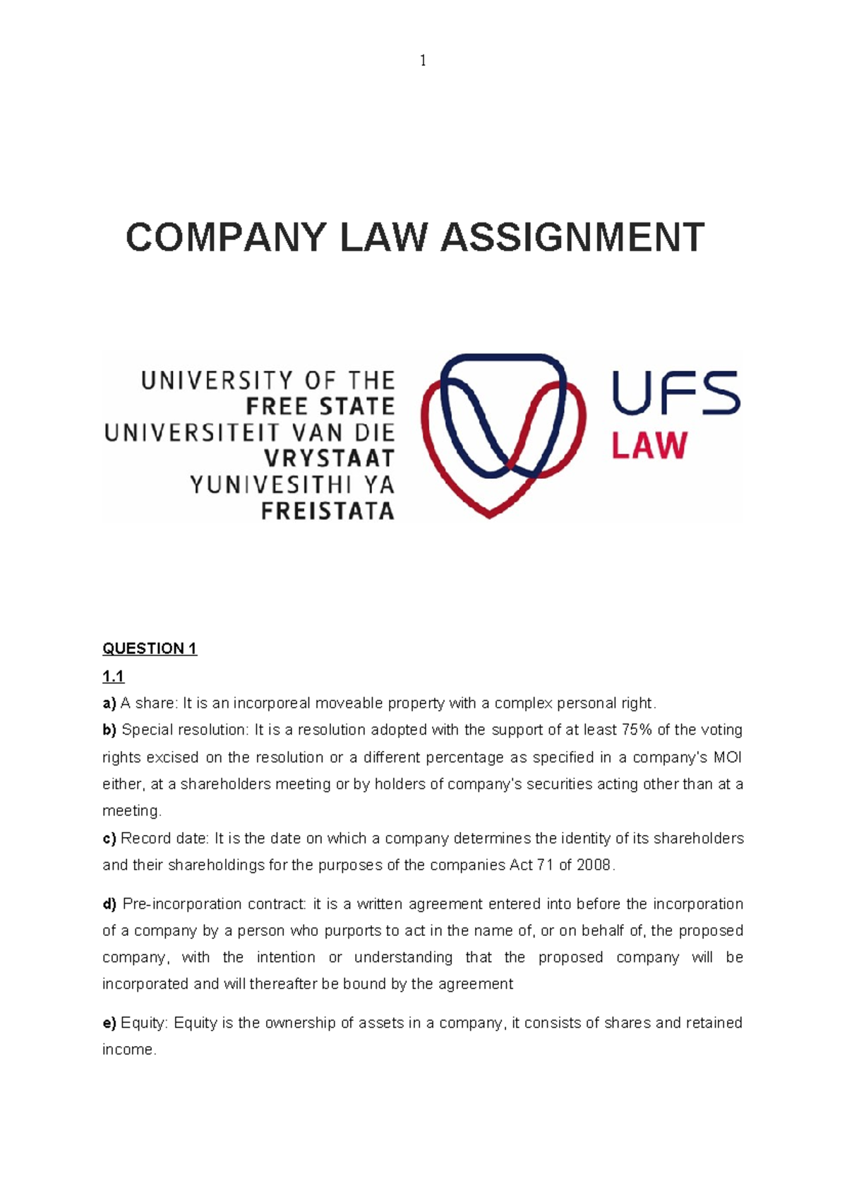 LBUE3704 Company Law Assignment - COMPANY LAW ASSIGNMENT QUESTION 1 1 ...