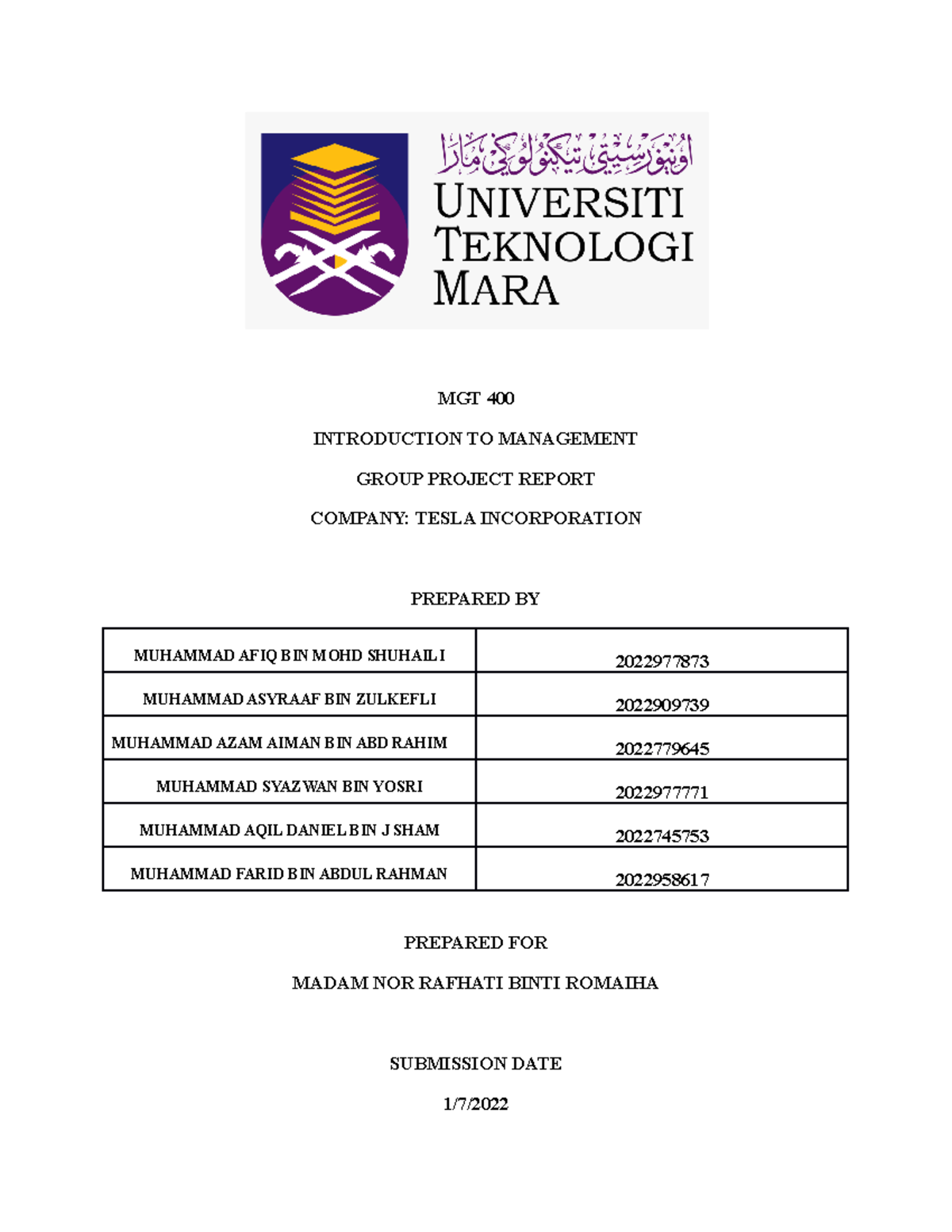 Tesla POLC - MGT 400 INTRODUCTION TO MANAGEMENT GROUP PROJECT REPORT ...