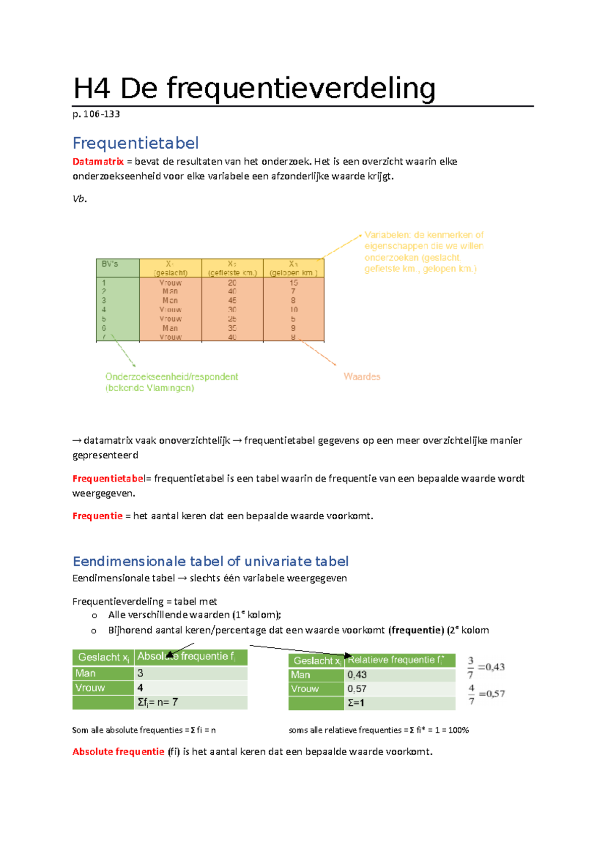 H4 De frequentieverdeling - 106- Frequentietabel Datamatrix = bevat de ...