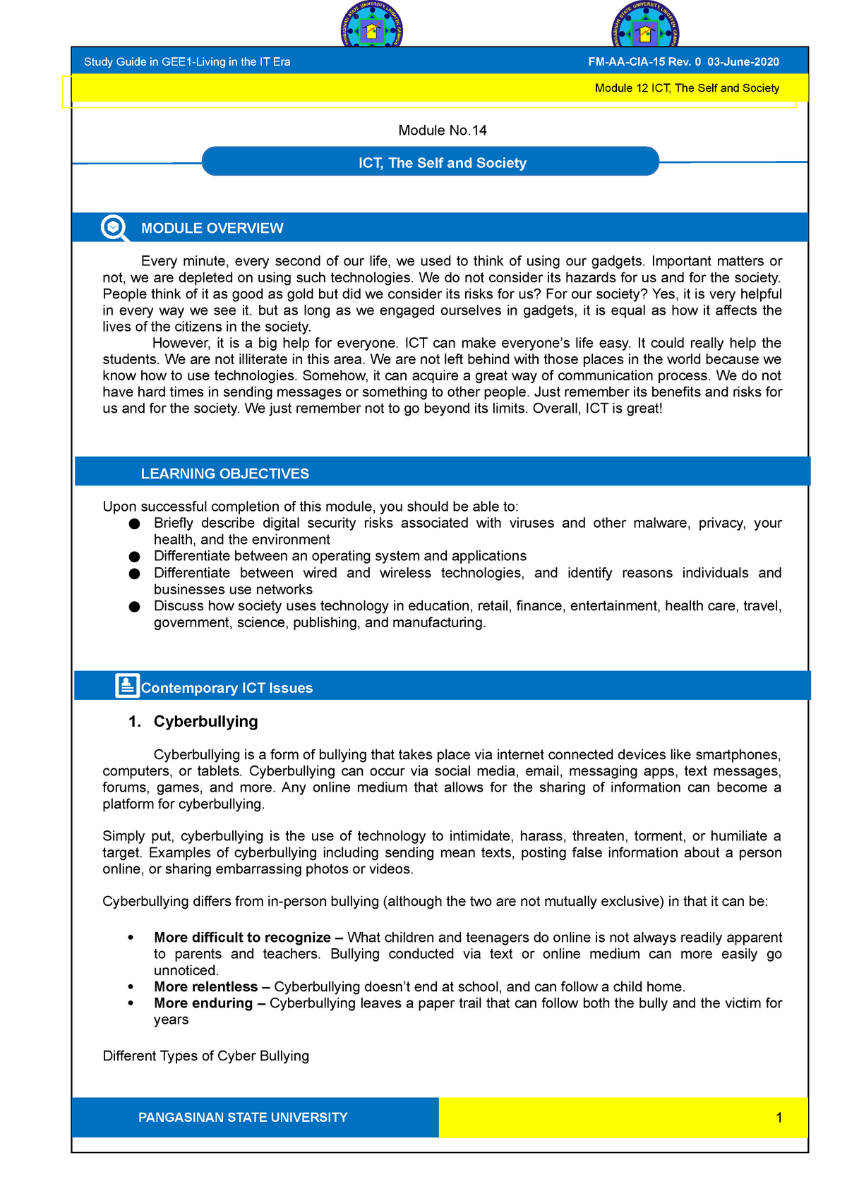 Module No 14 ICT The Self and Society - Bachelor of Science in ...