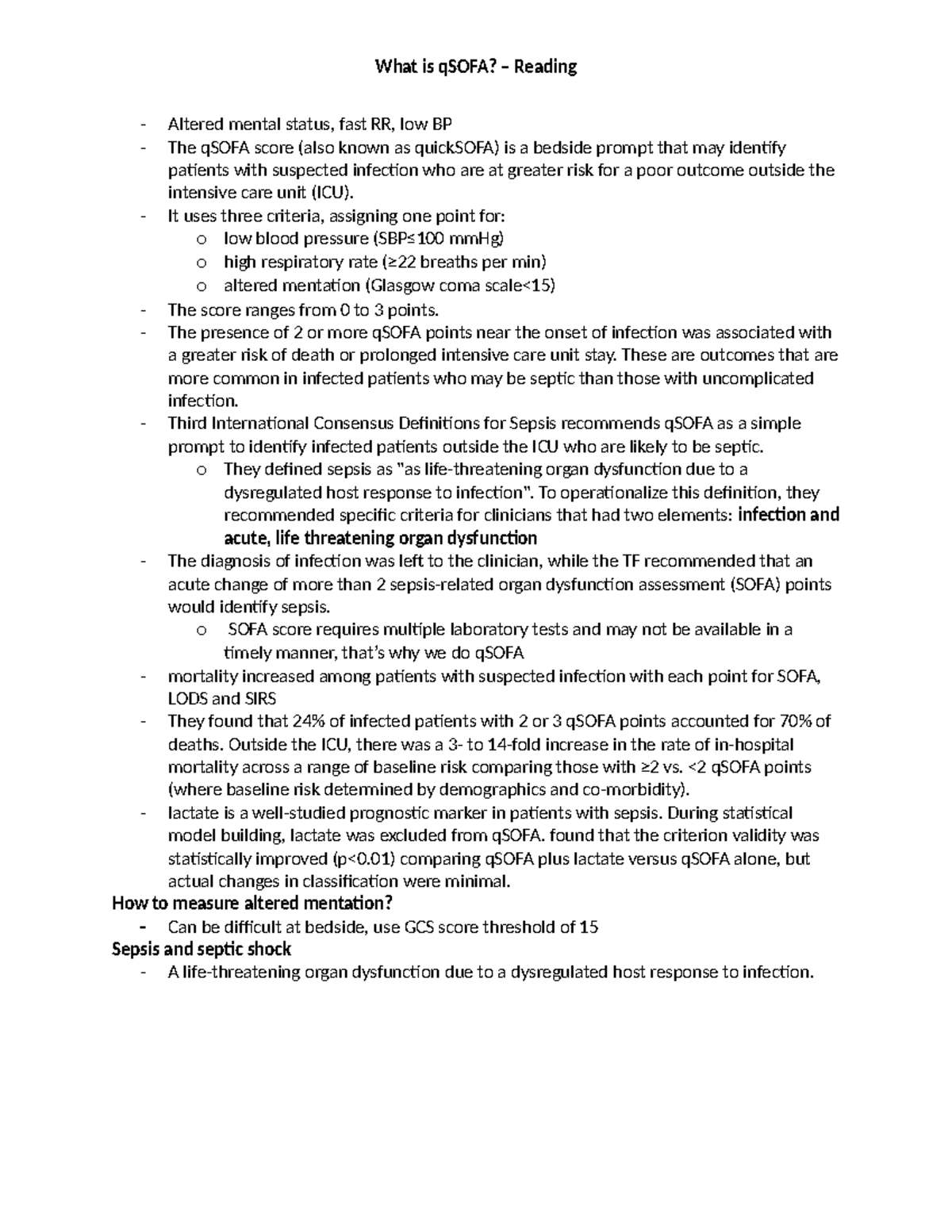 What is q SOFA Reading PBL NURSING 3RS3 What is qSOFA? Reading