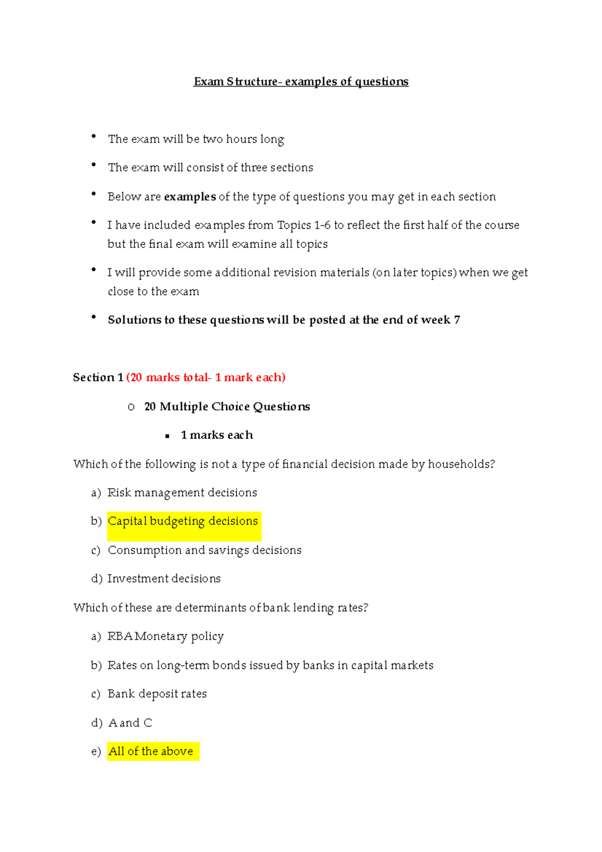 Exam Exam 2016, answers - Exam Structure- examples of questions • The ...